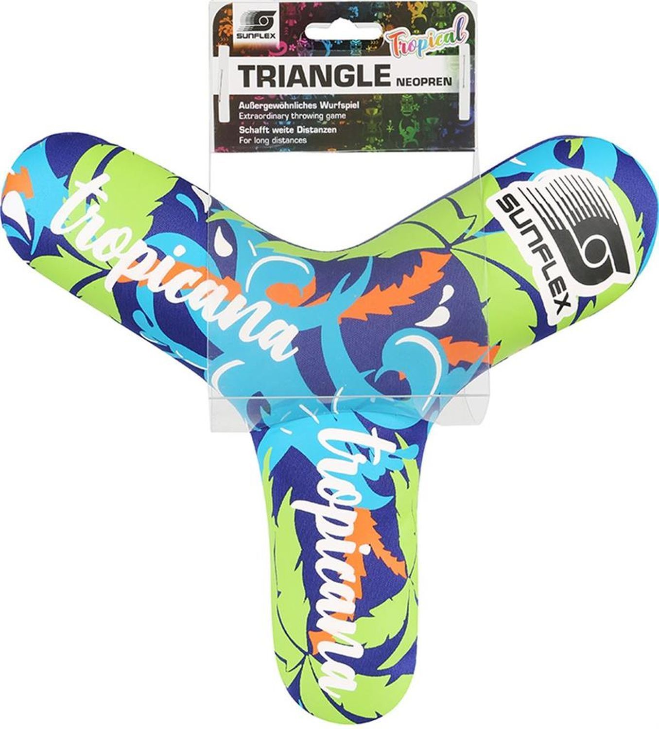 Dreieckiger Boomerang mit tropischem Muster. Aufschrift "Sunflex" und "Tropicana". Verpackt mit Karton. Text: Triangle Neopren.