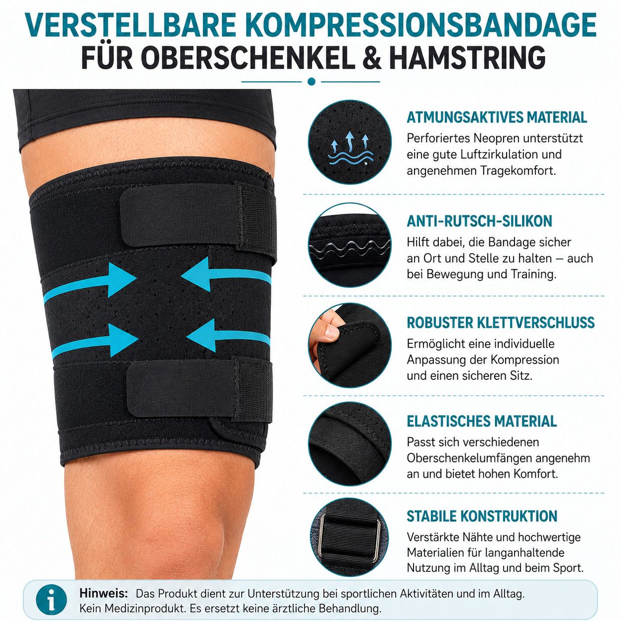 COOL-i Oberschenkel Kompressionsbandage, verstellbar, mit Anti Rutsch für Sport, Fitness & Alltag