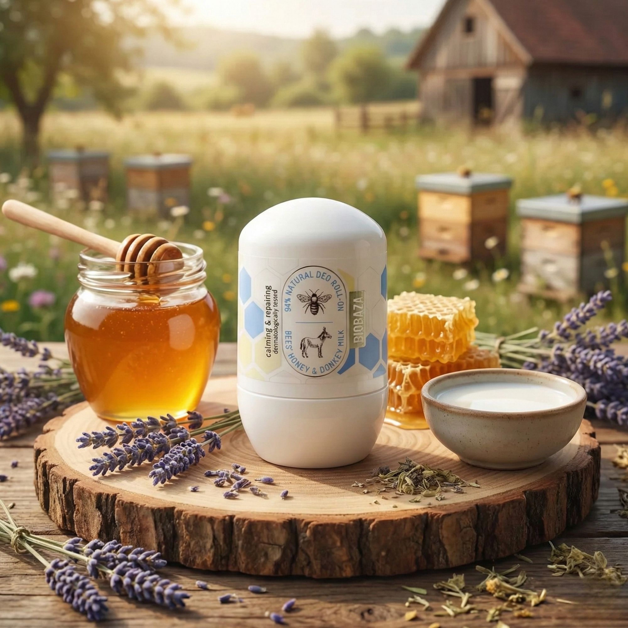 Weißer Deo Roll-on auf Holzscheibe. Aufschrift: Bees & Donkeys. Neben Honig, Waben, Milch und Lavendel. Im Freien.