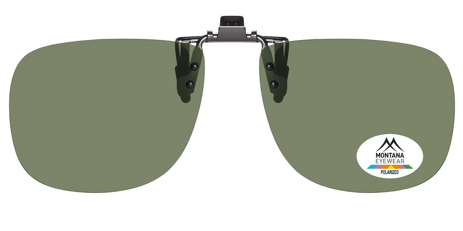 Clip-on-Sonnenbrille mit grünen Gläsern. Mit Montana Eyewear-Logo und Polarized-Kennzeichnung.