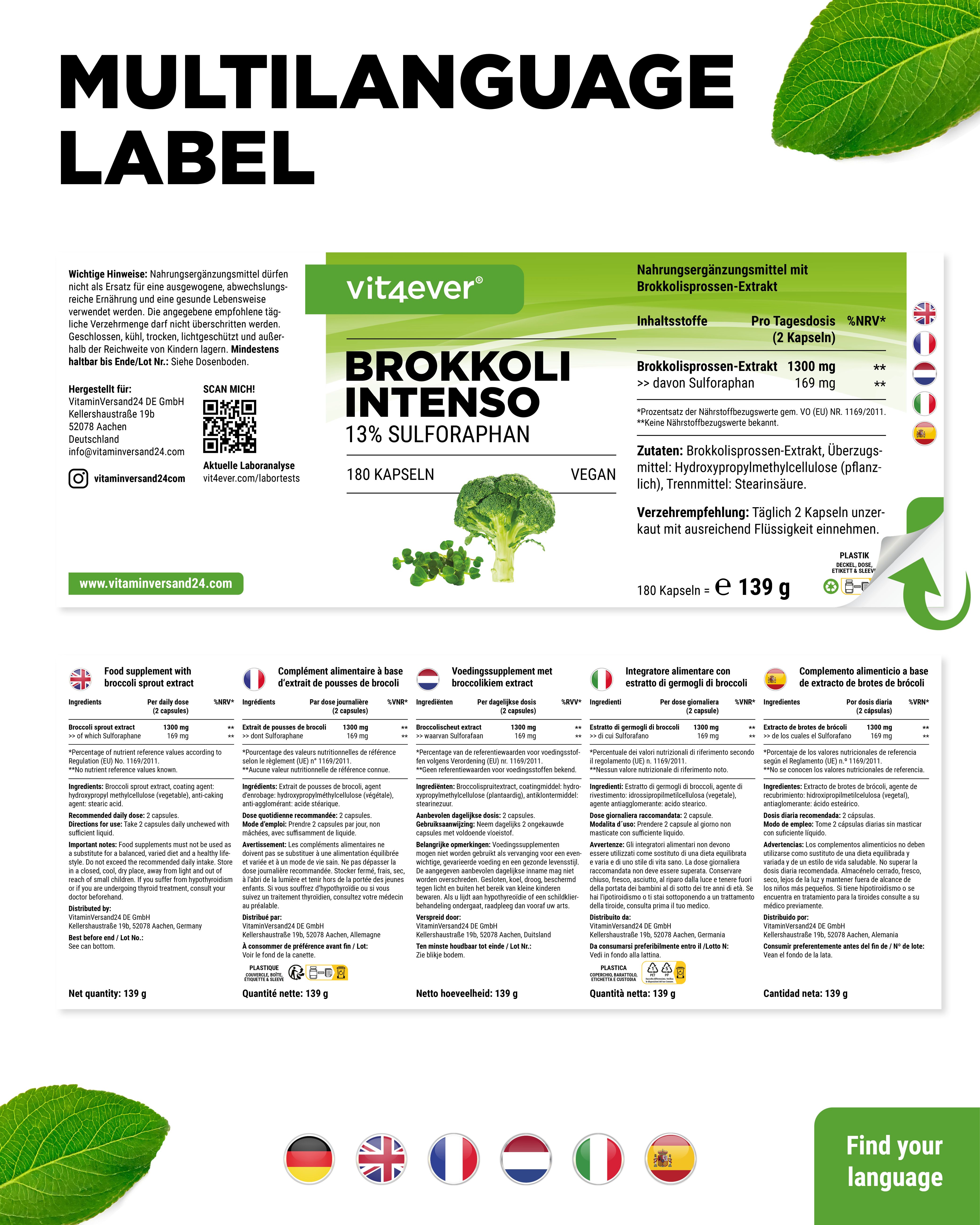 Weißes Pillenbehälter mit grünem Deckel, Aufschrift "vit4ever". Etikett mit "Brokkoli Intenso 13% Sulforaphan".