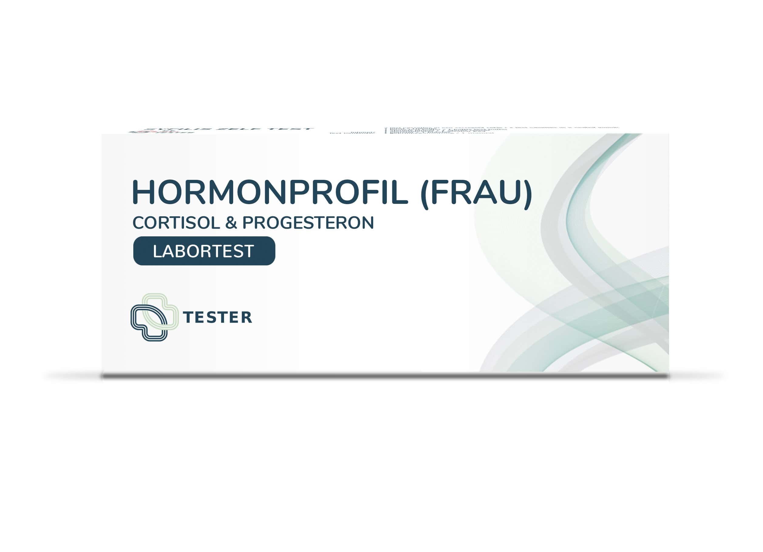 Verpackung eines Labortests für das Hormonprofil bei Frauen, mit den Hormonen Cortisol und Progesteron.