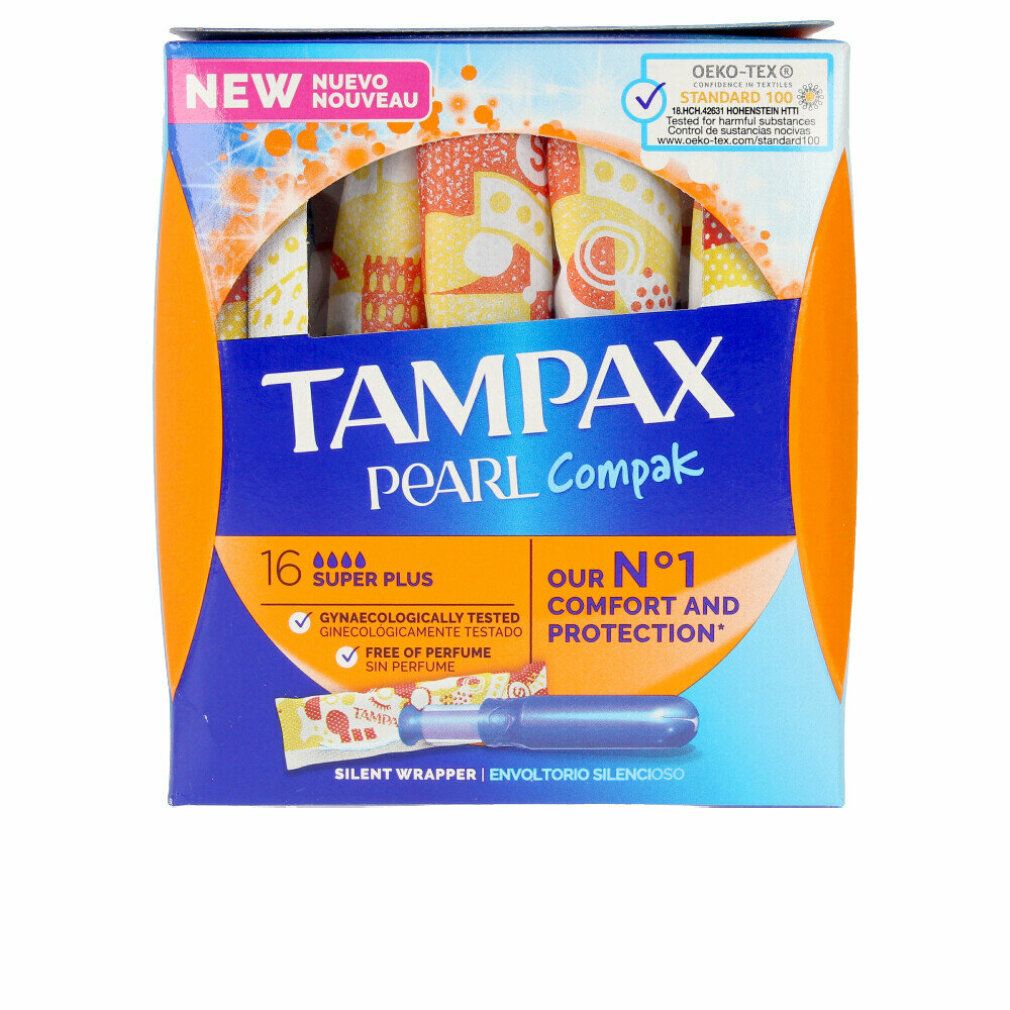 Verpackung mit Tampons. Marke: Tampax Pearl Compak. 16 Super Plus. Mit Zertifizierung. Enthält Tampons und Applikator.