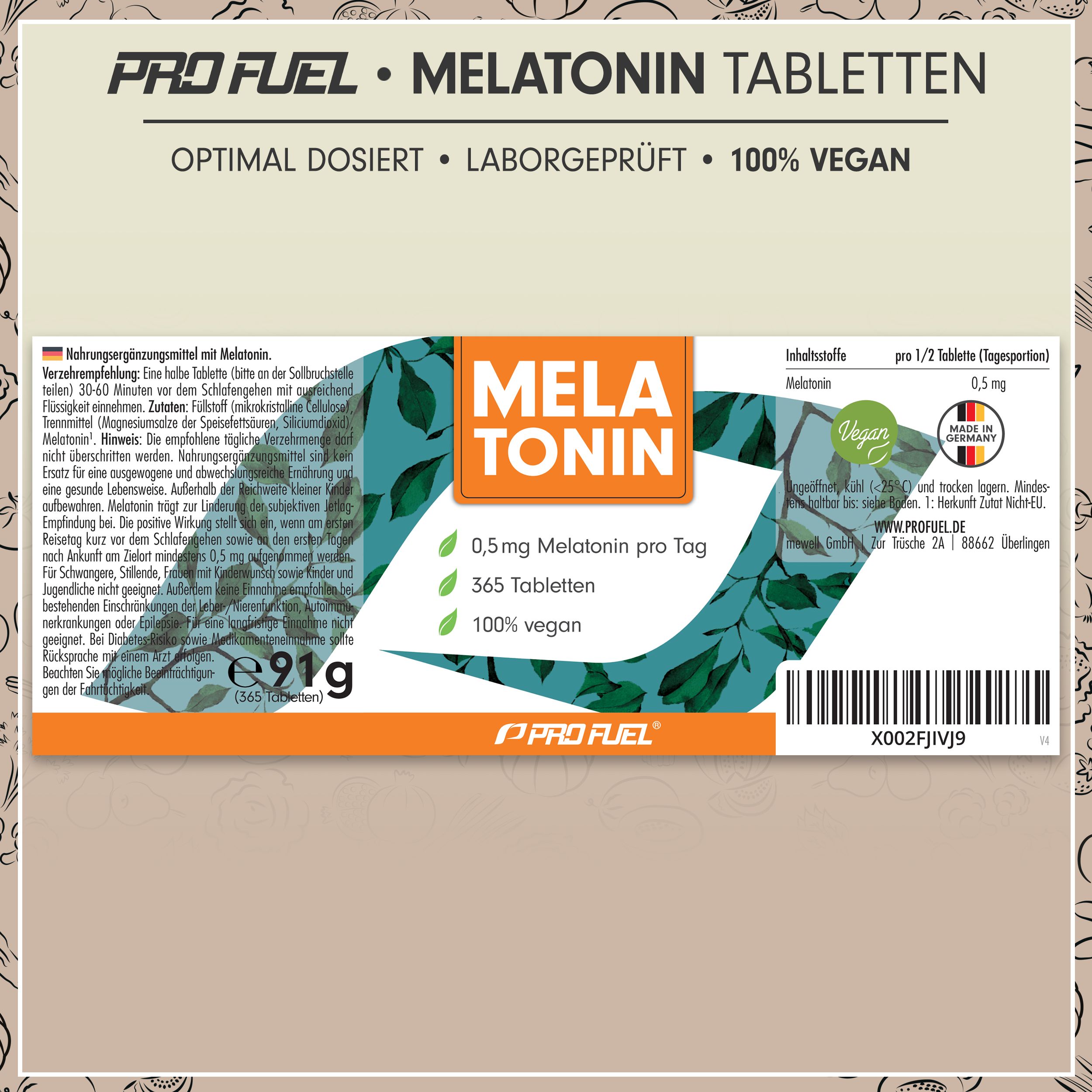 Verpackung Melatonin-Tabletten. Aufschrift: Melatonin, 0,5 mg, 365 Tabletten, vegan. Hergestellt in Deutschland. Vegan-Siegel.