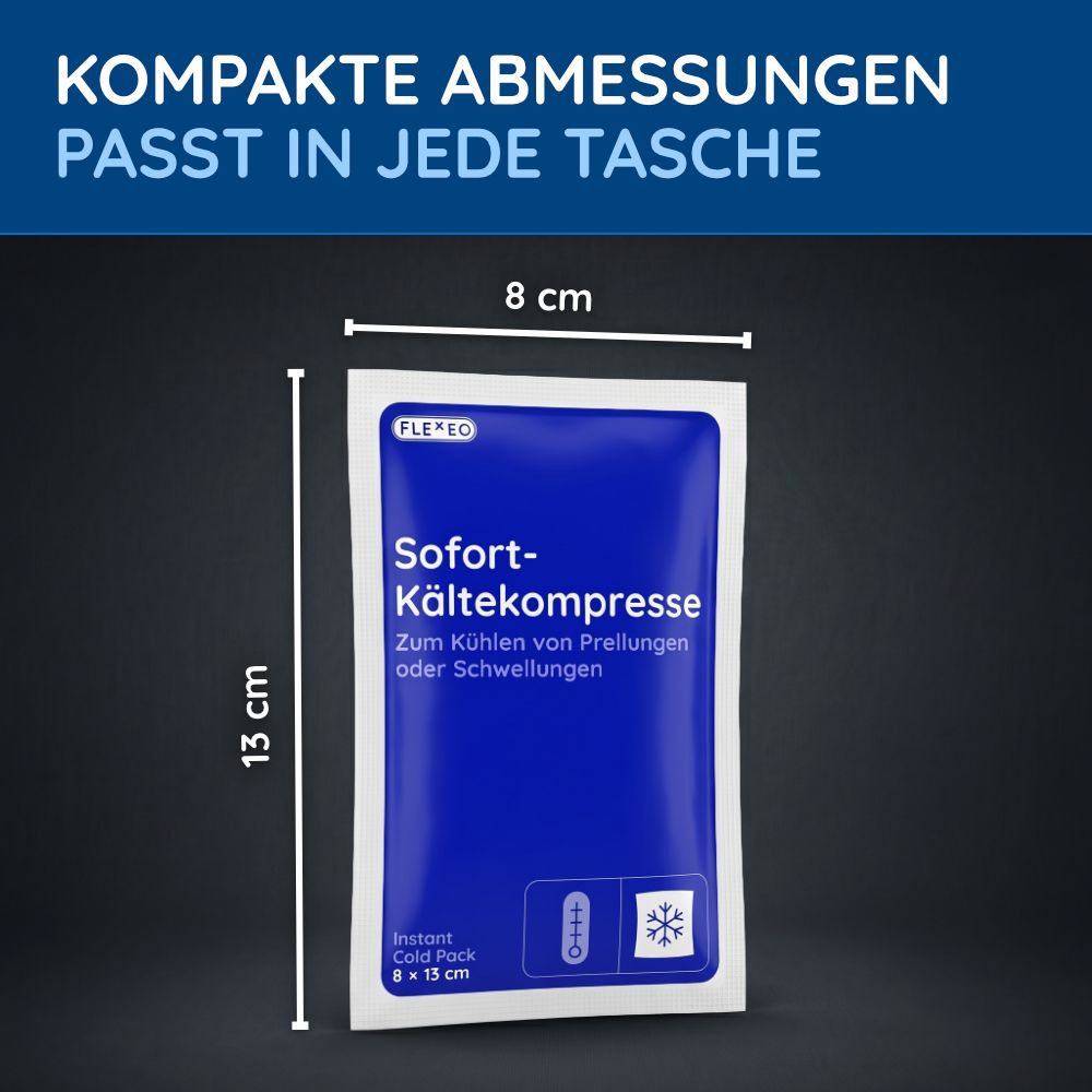 FLEXEO Sofort-Kältekompresse, 8 x 13 cm. Abmessungen auf blauer Verpackung.