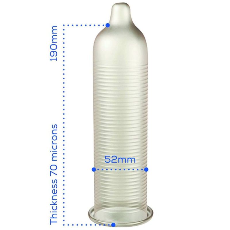 Kondom mit Maßangaben: Länge 190mm, Breite 52mm, Dicke 70 Mikron.