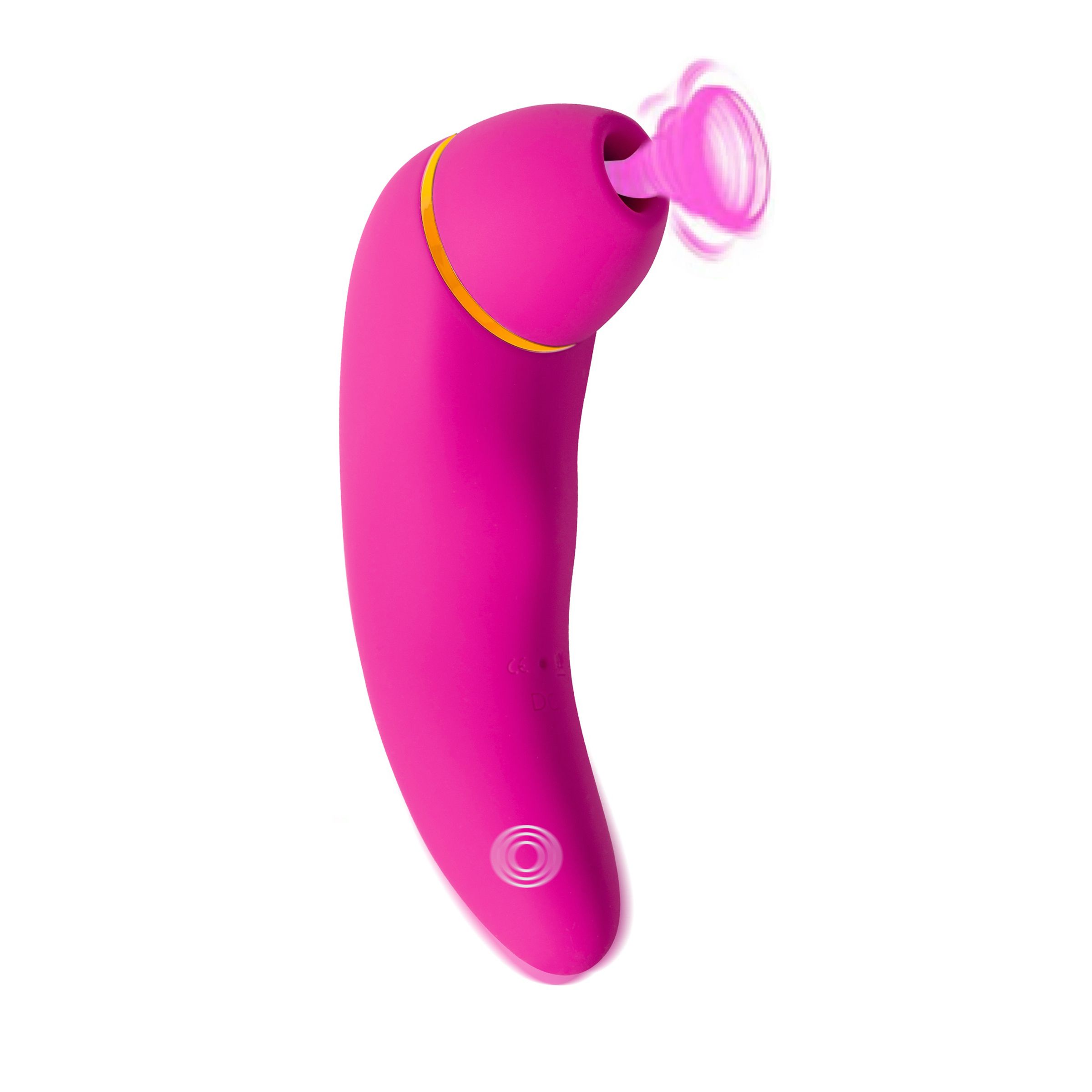 Rosa Vibrator mit abgerundeter Form und goldfarbenem Akzent. Mit einer transparenten Spitze, die sich dreht.