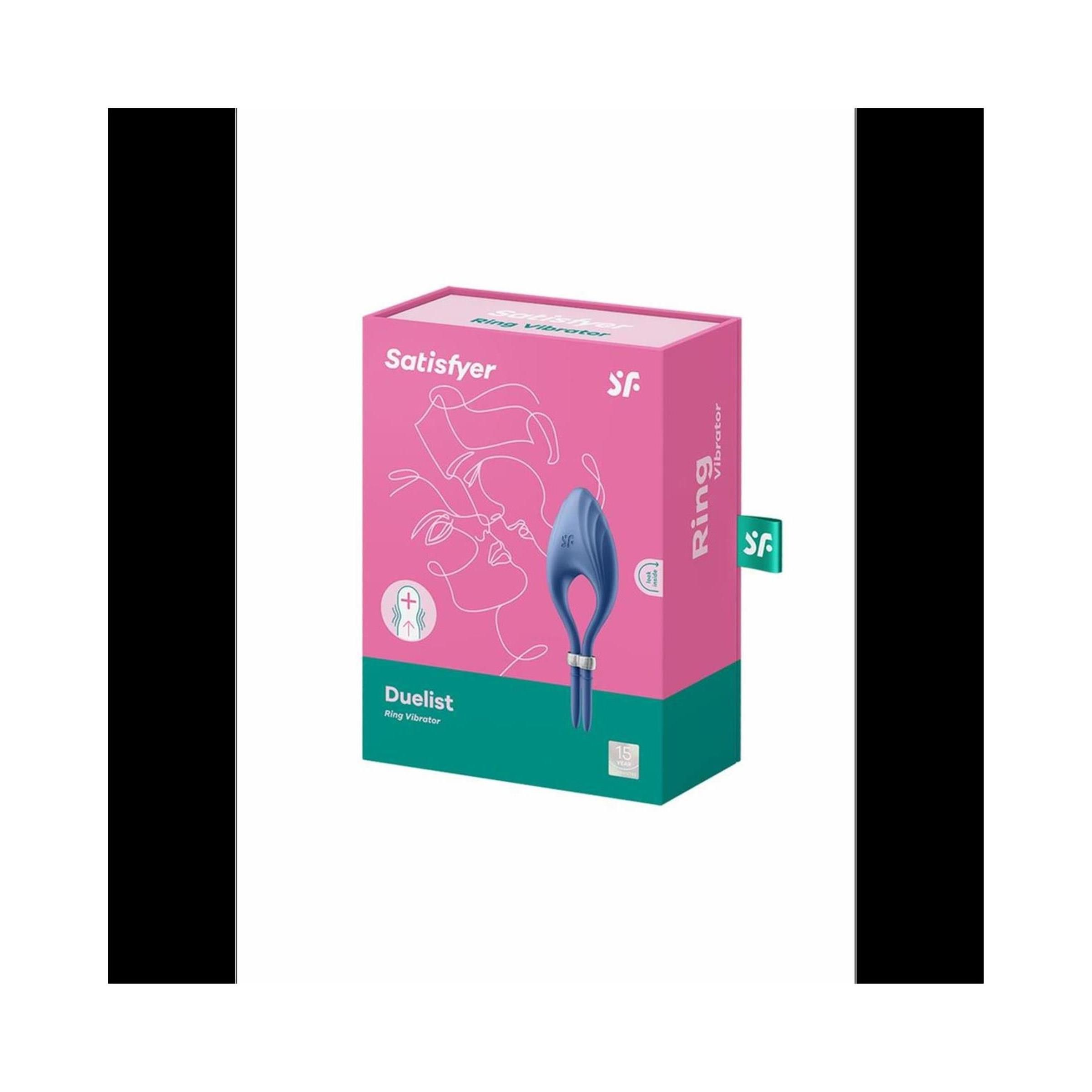 Produktverpackung. Rosa Schachtel mit blauem Ringvibrator. Aufdruck: Satisfyer, Duelist, Ring Vibrator.