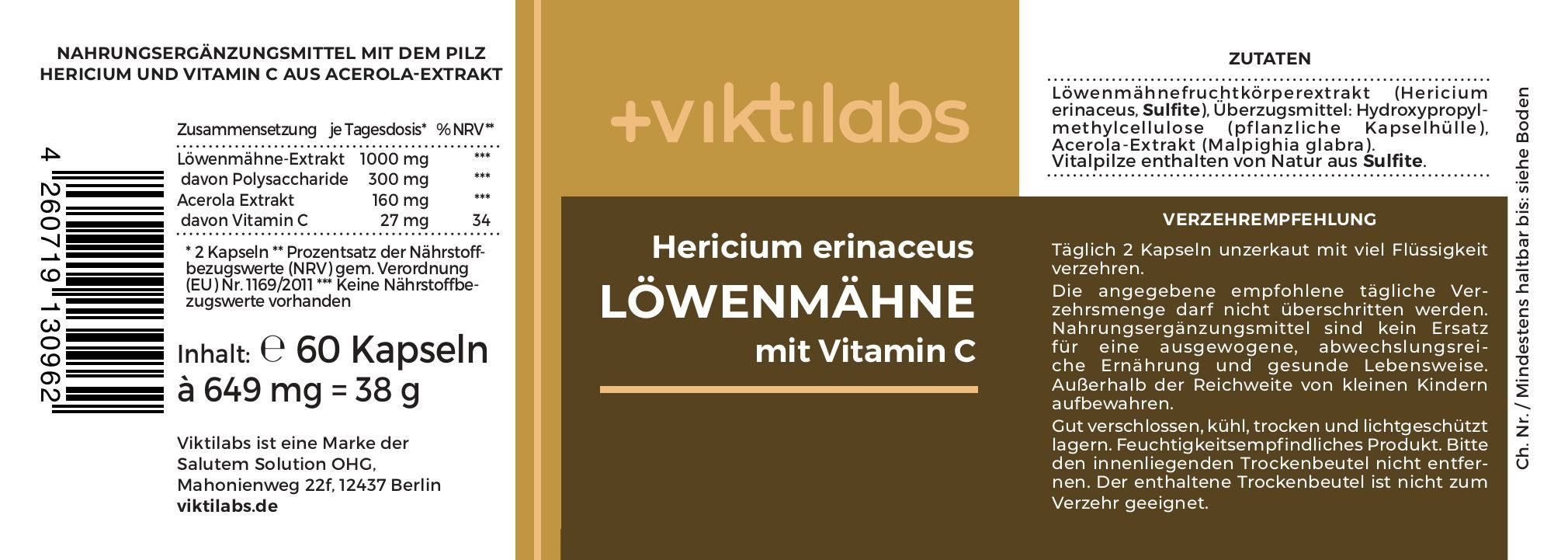 Etikett einer Viktilabs Löwenmähne Flasche mit Nährwertangaben und Zutatenliste.