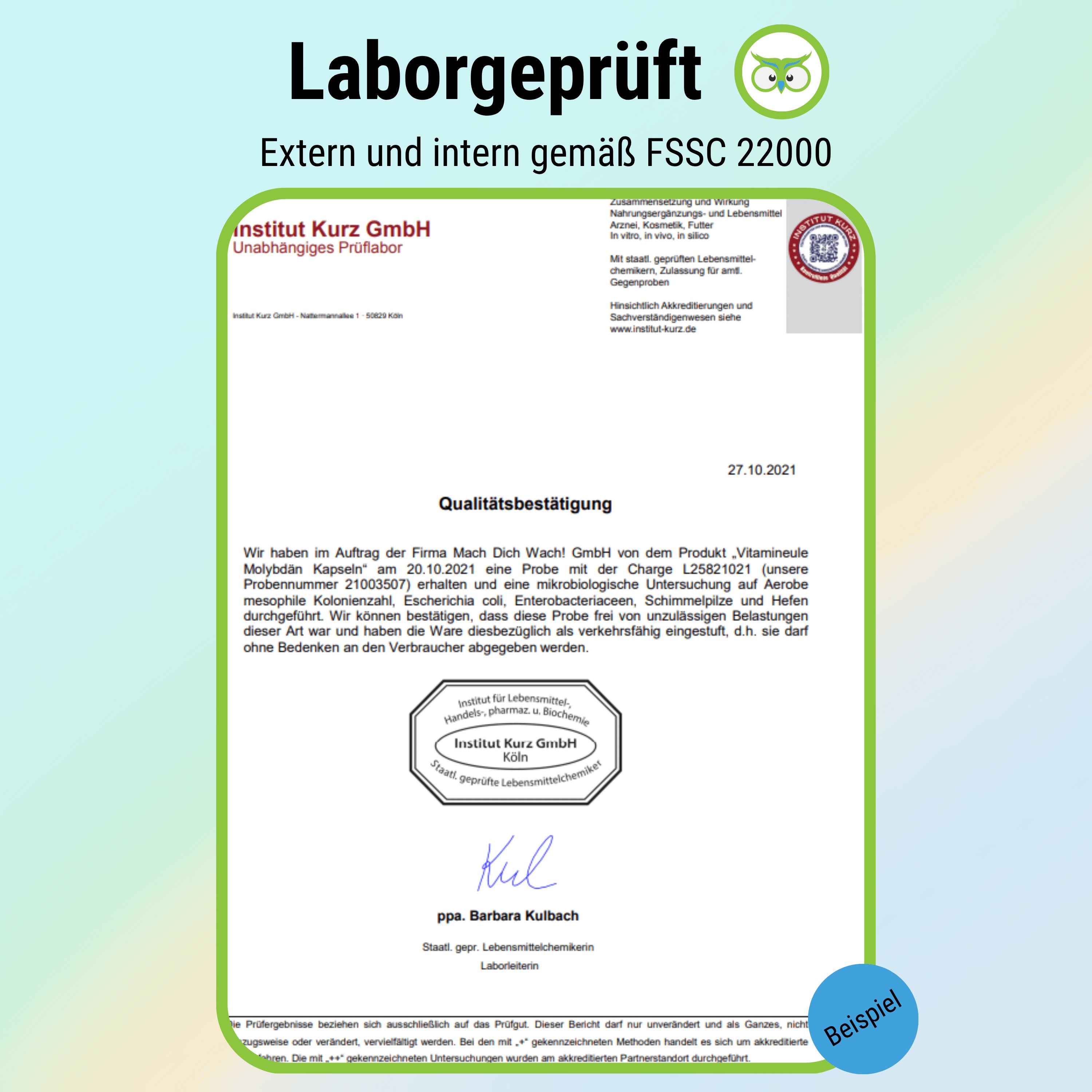 Laborzertifikat von Institut Kurz GmbH. Bestätigt die Analyse von Molybdän Kapseln. Unterschrift und Stempel.