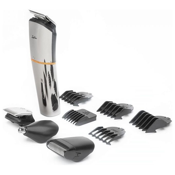 Tagliacapelli JATA JBCP3305 nero e argento. Il dispositivo, alimentato a batteria al litio, viene fornito con vari accessori, tra cui testine di taglio e pettini di diverse dimensioni. Il corpo è argentato con dettagli neri.