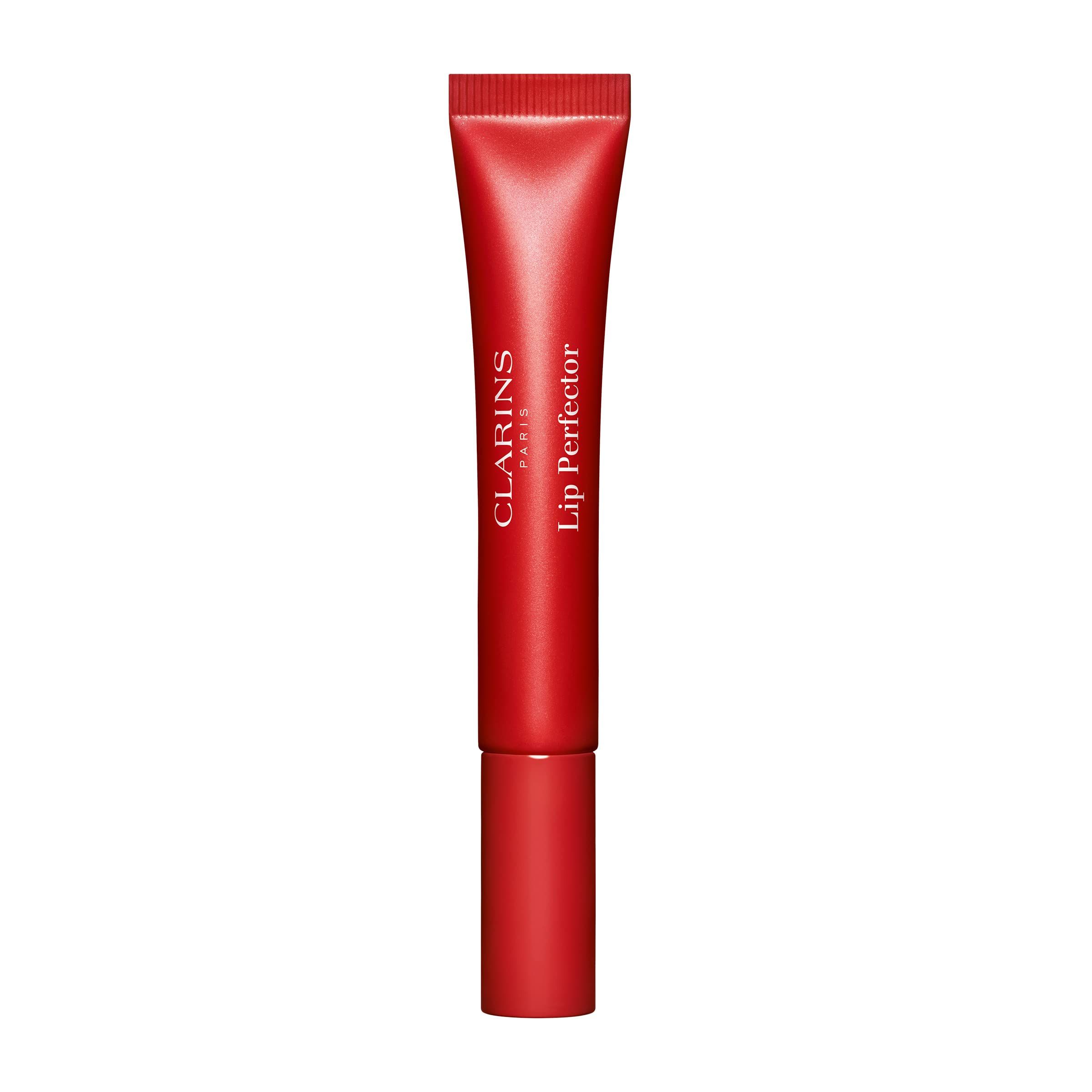 Rote Tube mit Clarins Lip Perfector. Aufschrift Clarins Paris. Produktname und Farbe sind sichtbar.