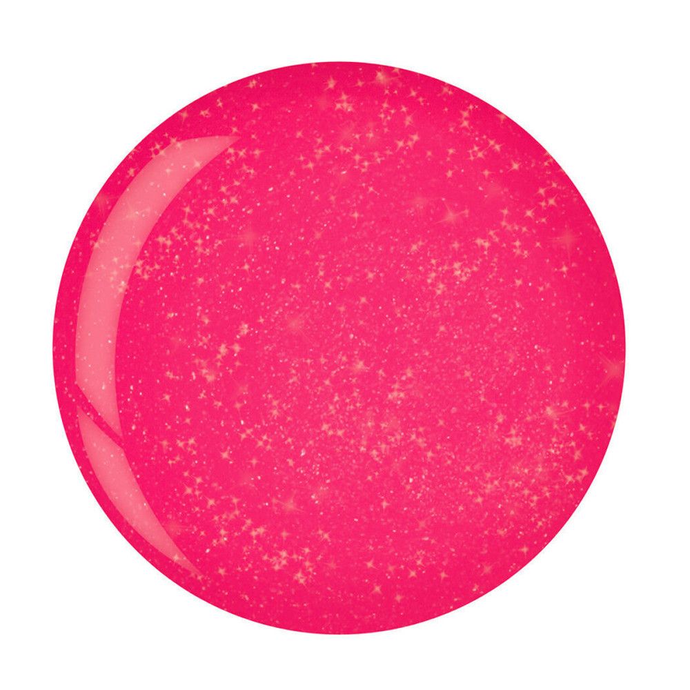 Runder, pinkfarbener Nagellack-Fleck. Der Lack hat eine glänzende Oberfläche und ist mit kleinen Partikeln versehen.