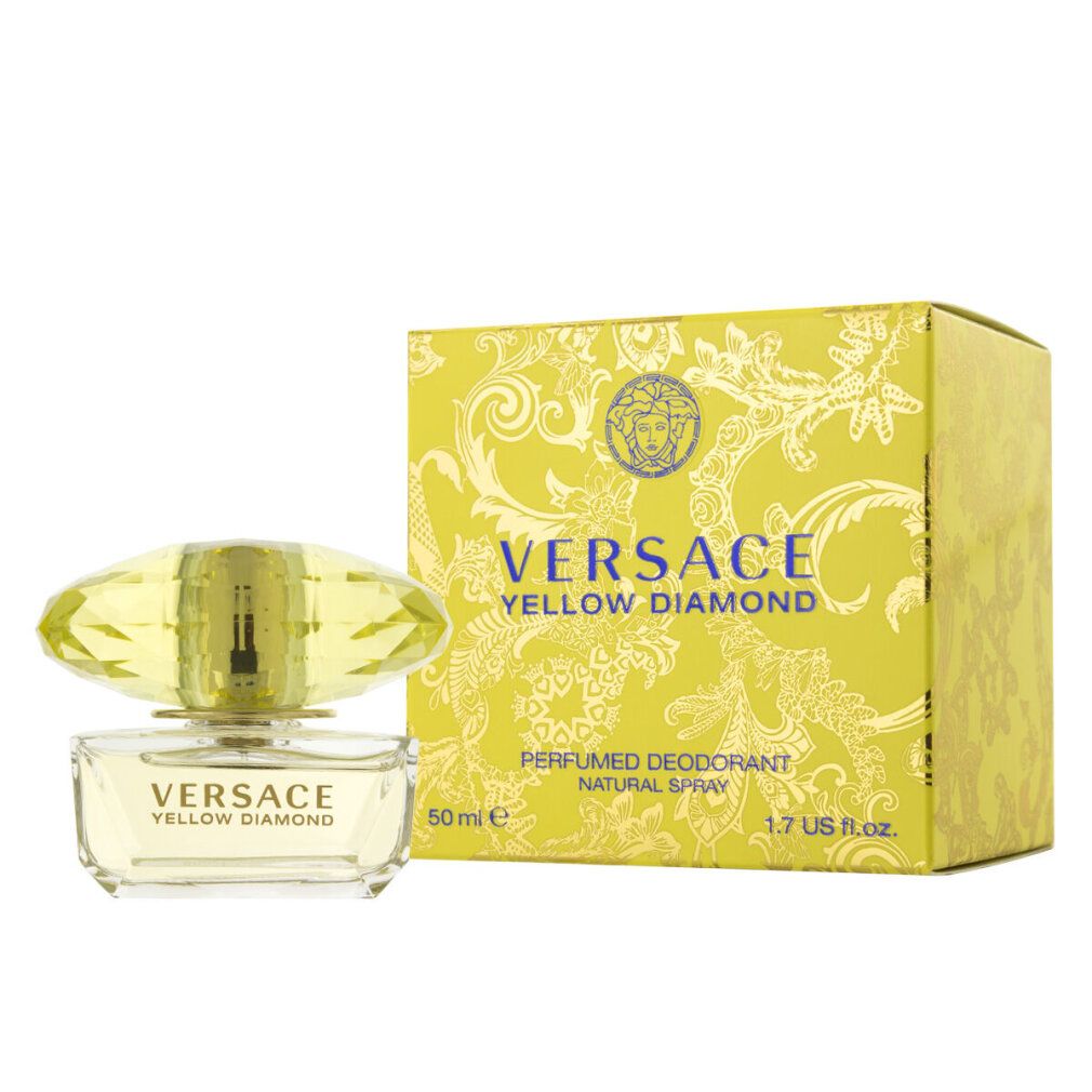 Versace Yellow Diamond Deodorant Spray und Verpackung. Gelbe Schachtel mit Produkt. Flakon mit gelbem Inhalt. Schriftzug Versace, 50 ml.