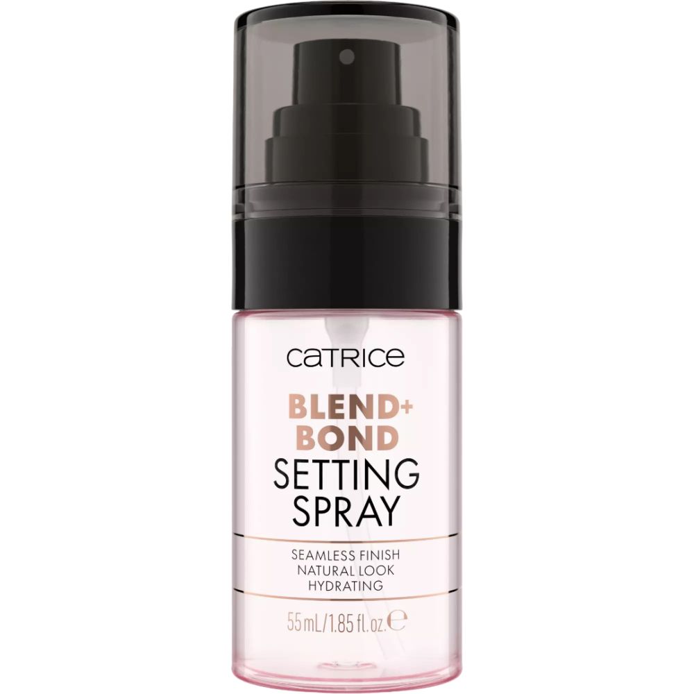 Catrice Blend + Bond Setting Spray. Transparente Flasche mit schwarzem Sprühkopf. Schriftzug: Blend + Bond, Setting Spray, Seamless Finish, Natural Look, Hydrating.