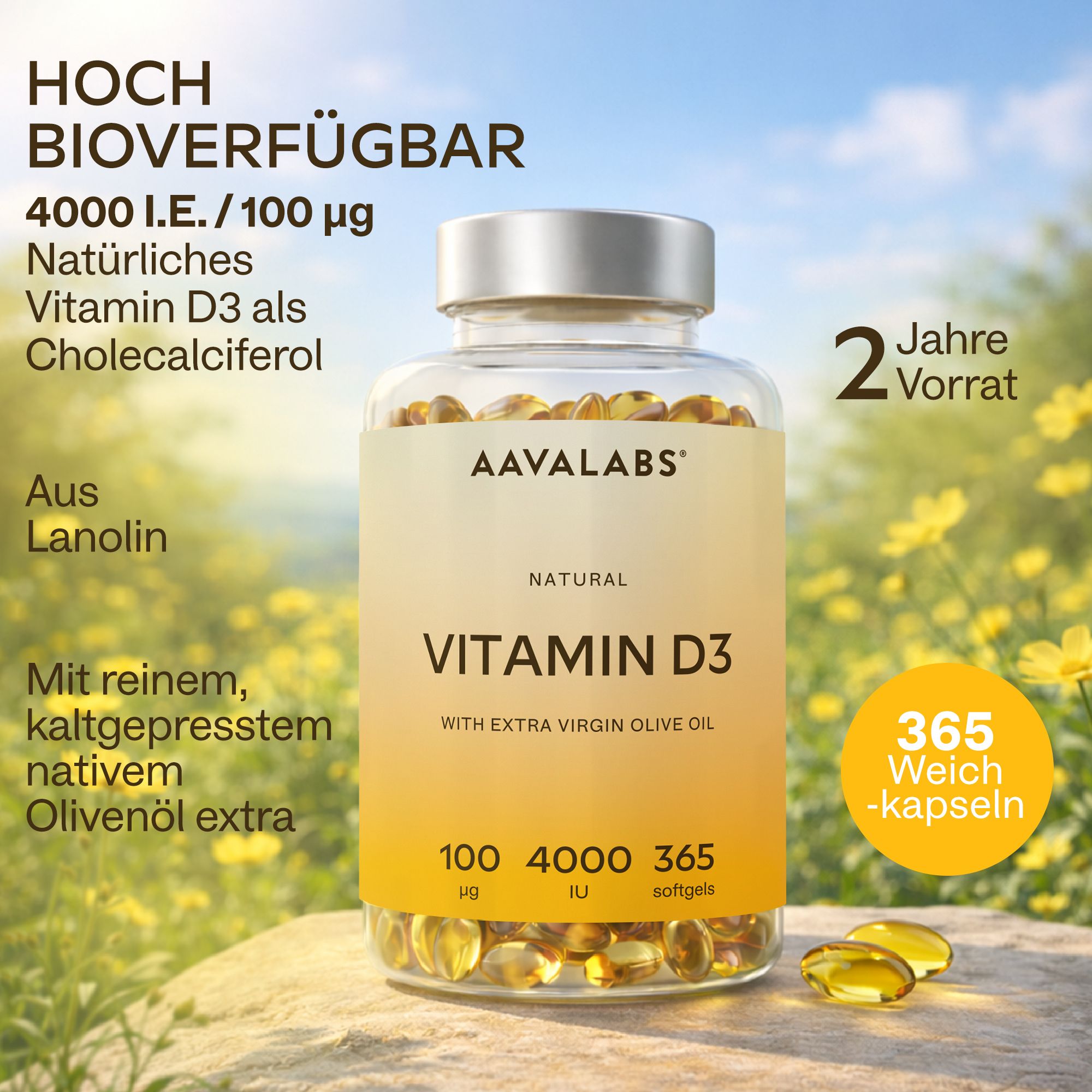 Flasche mit Kapseln. Text: 4000 I.E. Vitamin D3. 365 Weichkapseln. Aus Lanolin. Mit Olivenöl extra.