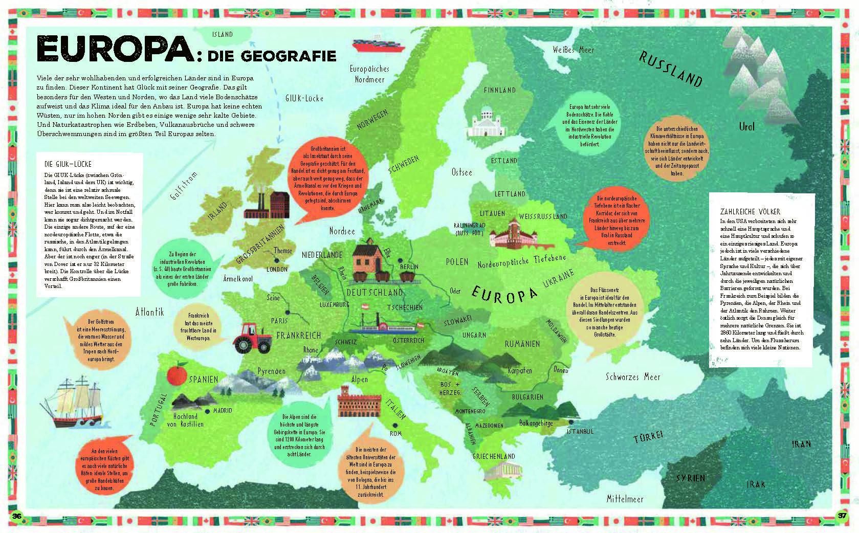 Doppelseite aus dem Buch. Karte von Europa mit Texten und Illustrationen. Titel: "Europa: Die Geografie".
