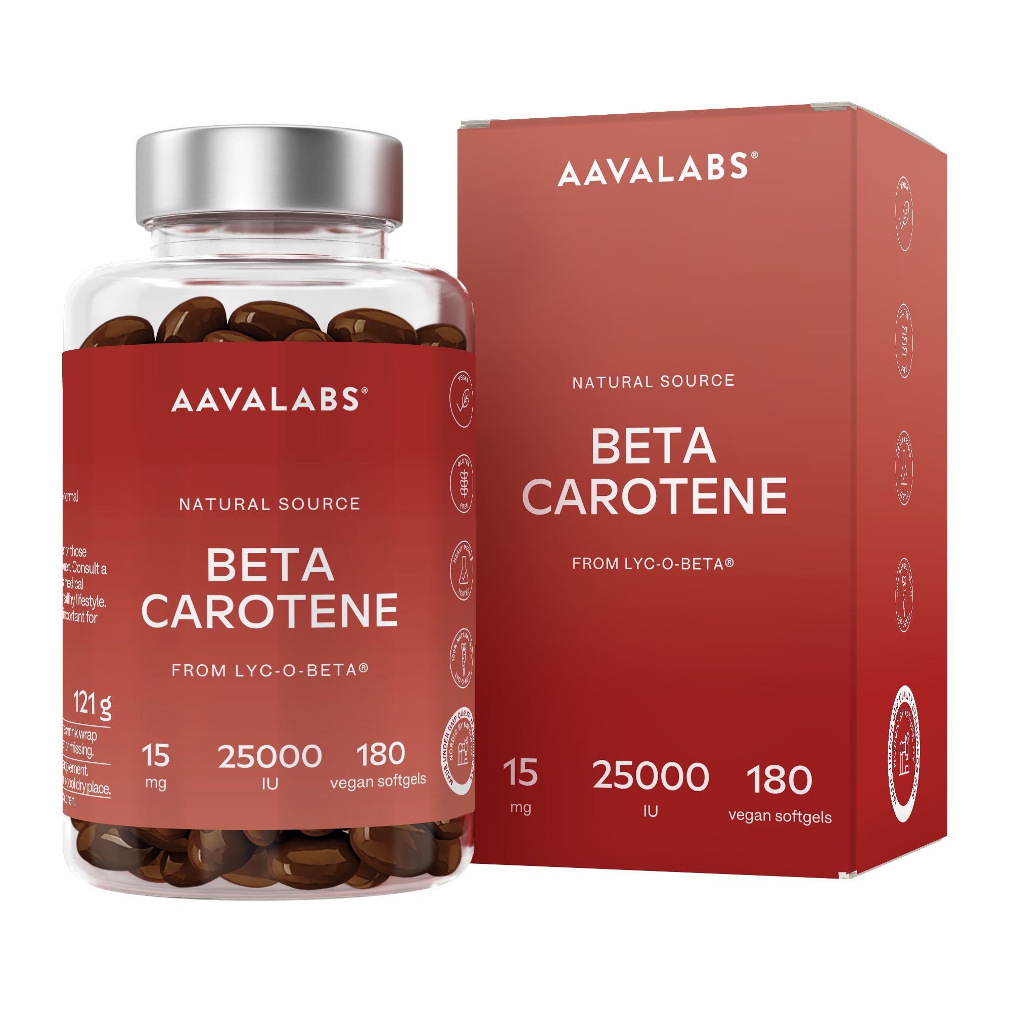 Aavalabs Beta Carotene Flasche und Karton. 180 vegane Softgels, 25.000 IE.