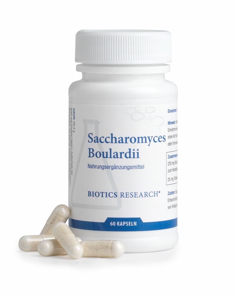 Weiße Kapseln neben einer weißen Flasche mit "Saccharomyces Boulardii" und "BIOTICS RESEARCH" Aufschrift. 60 Kapseln.