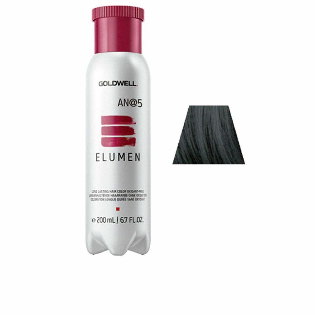 Flasche mit Haarfarbe, AN@5, ELUMEN. Farbprobe rechts. Goldwell-Logo. Lang anhaltende Haarfarbe, oxidationsmittelfrei.