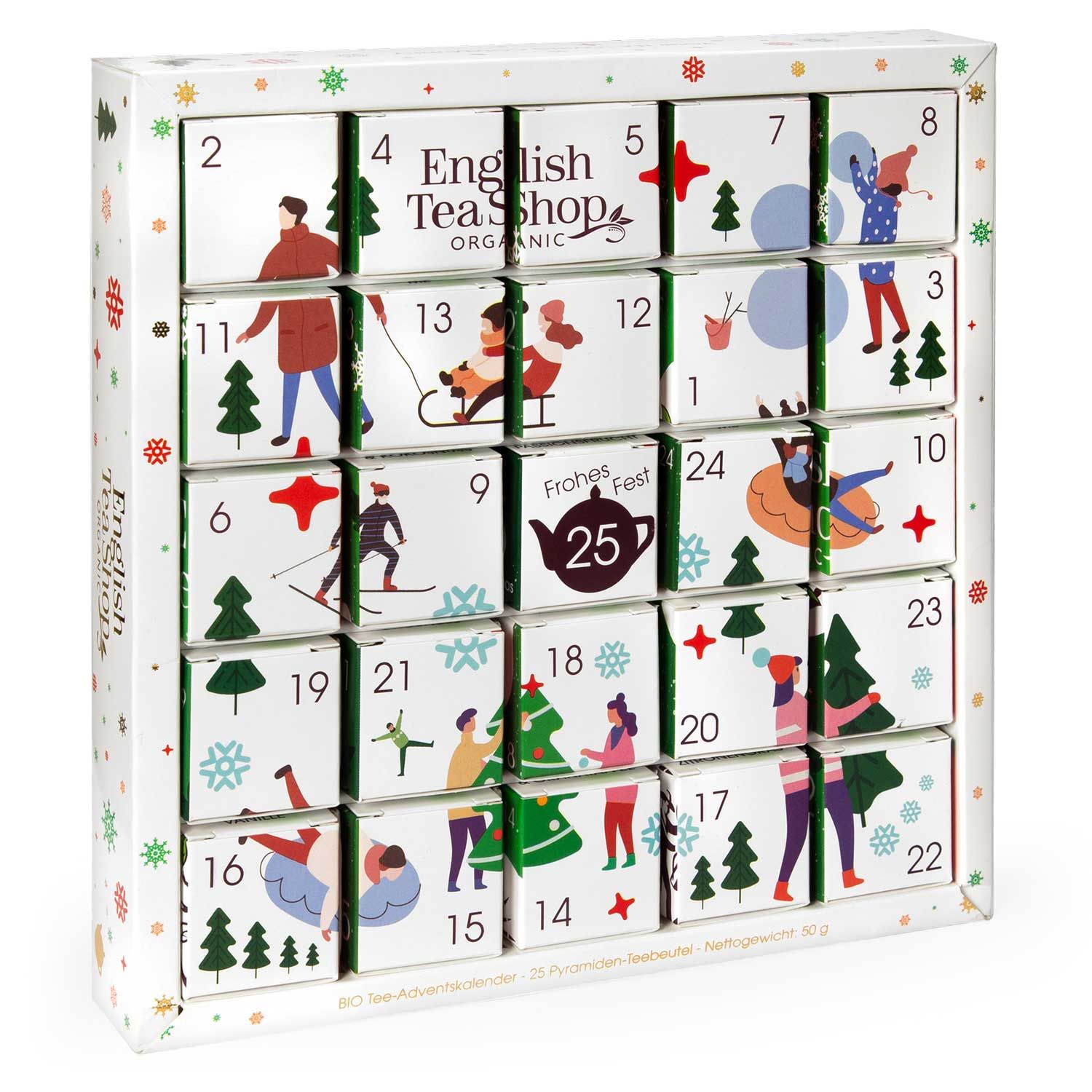 Adventskalender mit 25 Teebeuteln. Verpackung mit Wintermotiven und der Marke English Tea Shop. Ansicht von vorne.