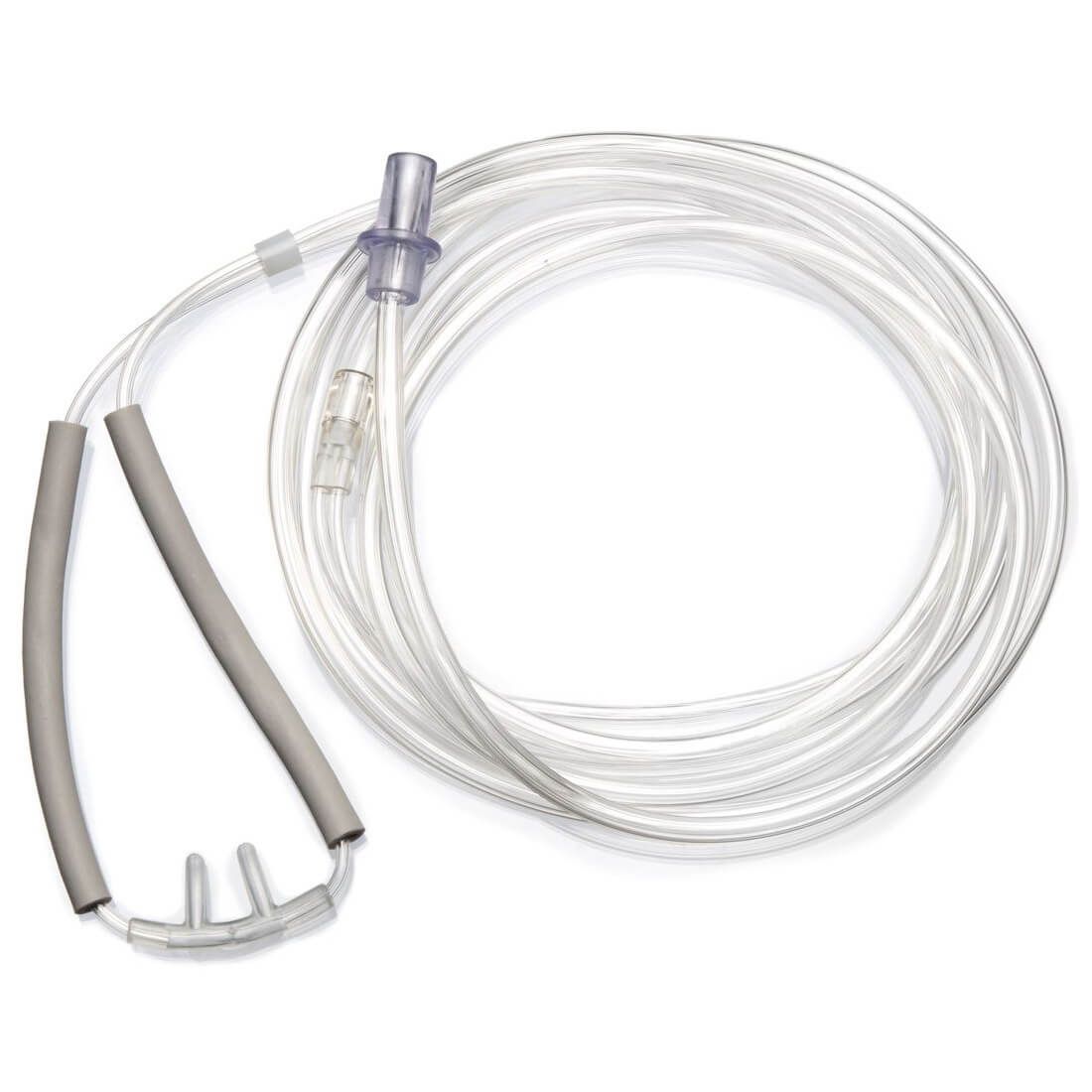 Sauerstoffbrille mit Ohrpolstern. Transparenter Schlauch mit Nasenstück und Ohrpolstern. Verbindungselement.