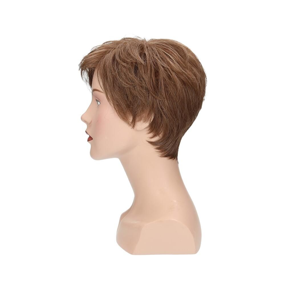 Perücke Magnolie von Lofty. Kurze, braune Kunsthaarperücke auf einem Schaufensterkopf. Profilansicht.