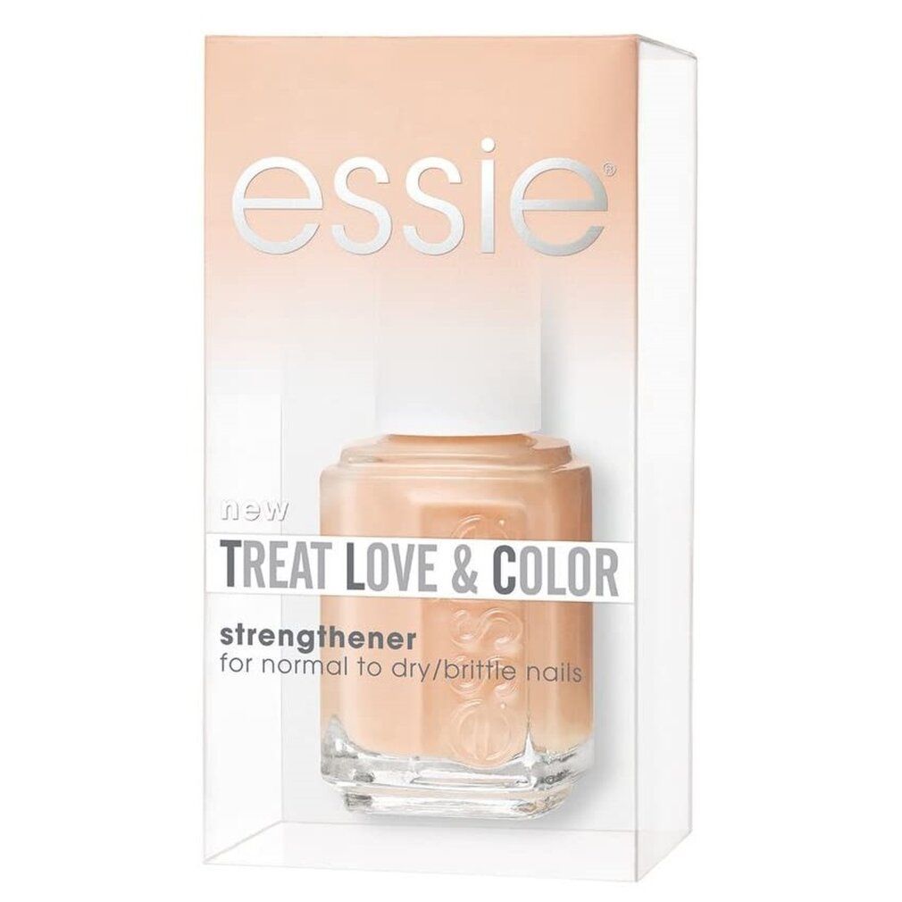 Nagellackflasche in einer transparenten Verpackung. Auf der Verpackung steht "essie TREAT LOVE & COLOR".