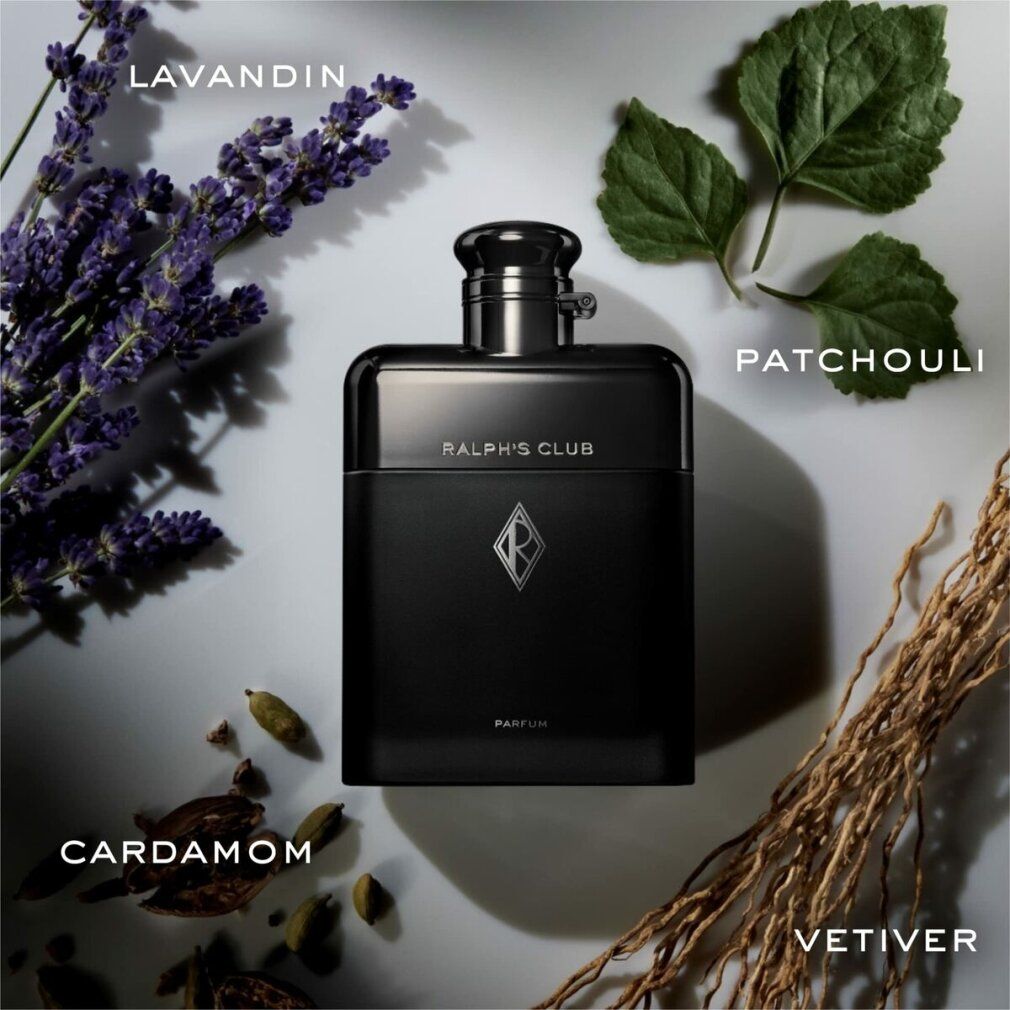 Schwarzer Flakon mit Zutaten: Lavendel, Patchouli, Kardamom und Vetiver.