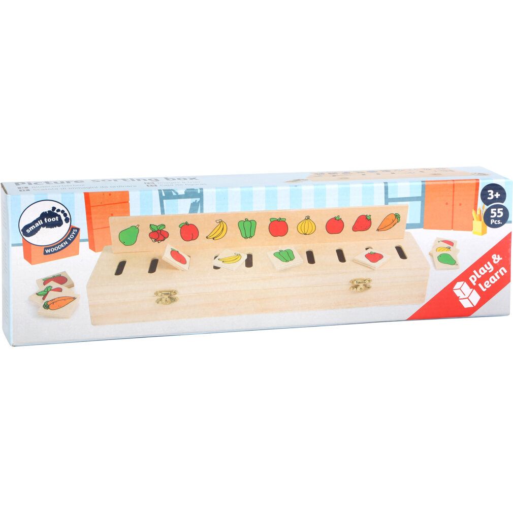 Verpackung der Holz-Bildersortierbox. Zeigt Box, Symbolplättchen und Logo. Altersempfehlung 3+. 55 Teile.