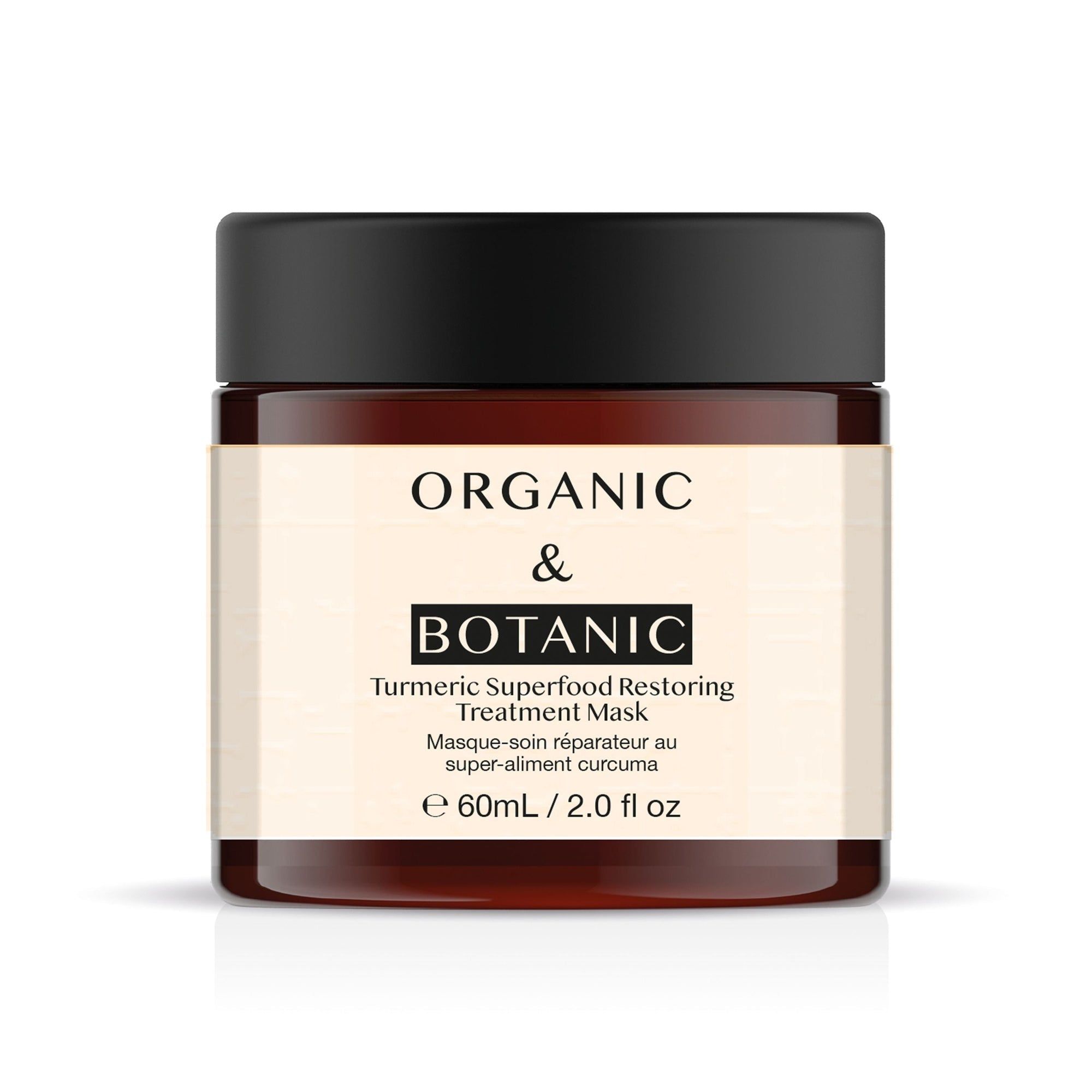 Braune Glasdose mit schwarzem Deckel. Aufschrift: ORGANIC & BOTANIC, Turmeric Superfood Restoring Treatment Mask. 60ml/2.0 fl oz.