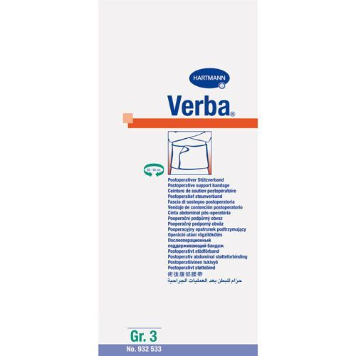 Hartmann Verba® Verpackung. Postoperativer Stützverband. Gr. 3.  Hartmann Logo.  Produktabbildung.  Mehrsprachige Produktinformationen.