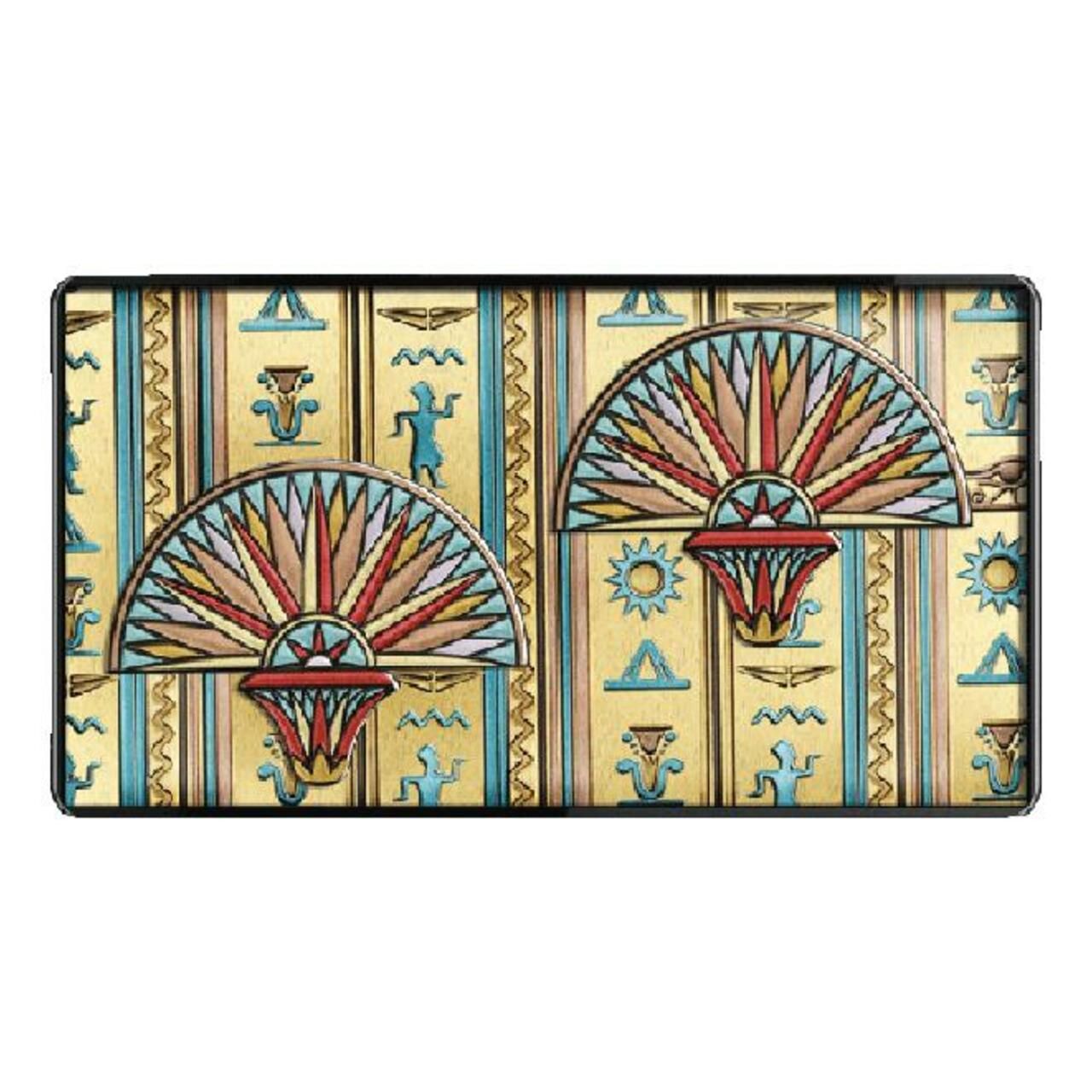 Dekorative Kosmetik-Palette mit goldenem Hintergrund und zwei Fächer-Motiven. Schwarzer Rahmen.