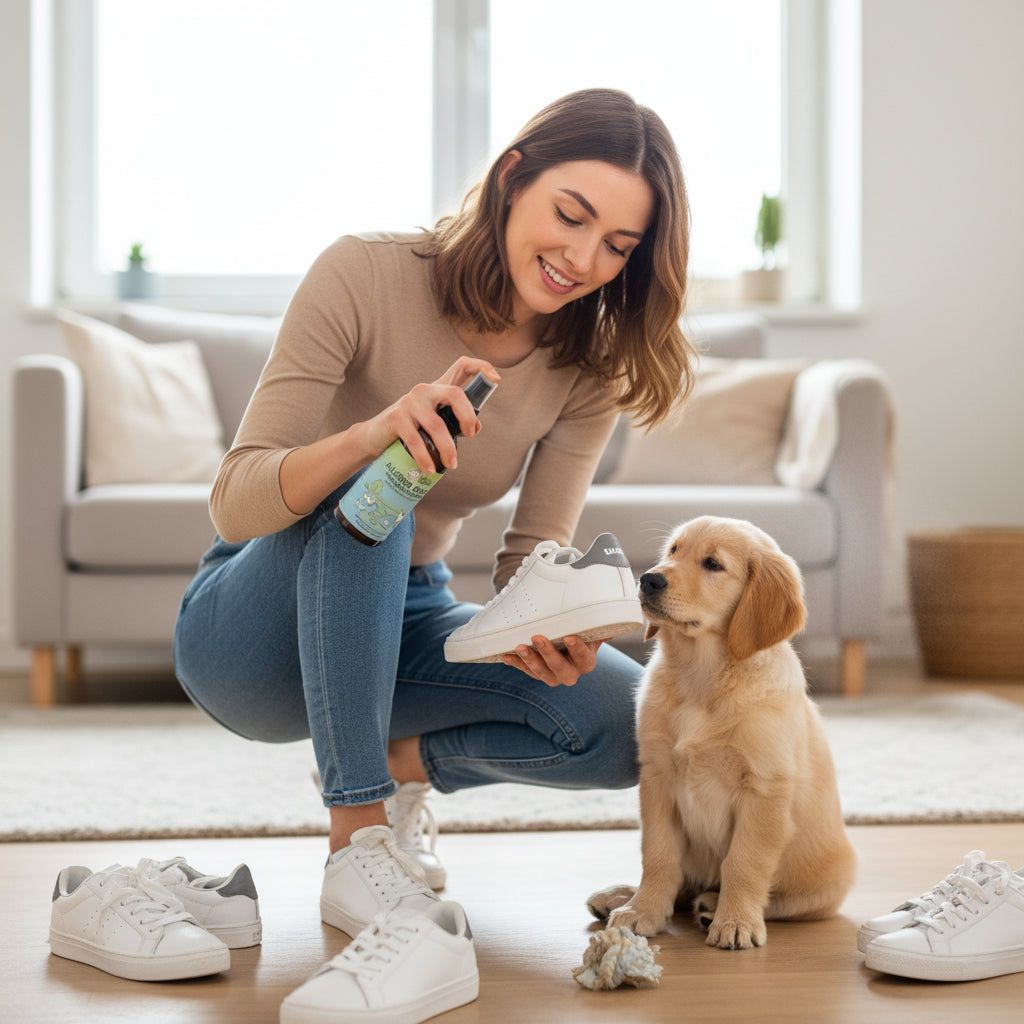 Frau sprüht auf Schuhe, Hund schaut zu. Sprühflasche mit blauem Etikett. Wohnzimmerhintergrund mit Sofa und Schuhen.
