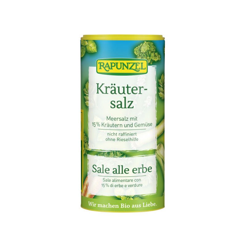 Zylindrische Dose Kräutersalz mit Gemüse. Grün-gelbe Verpackung mit Produktnamen und Inhaltsangaben.