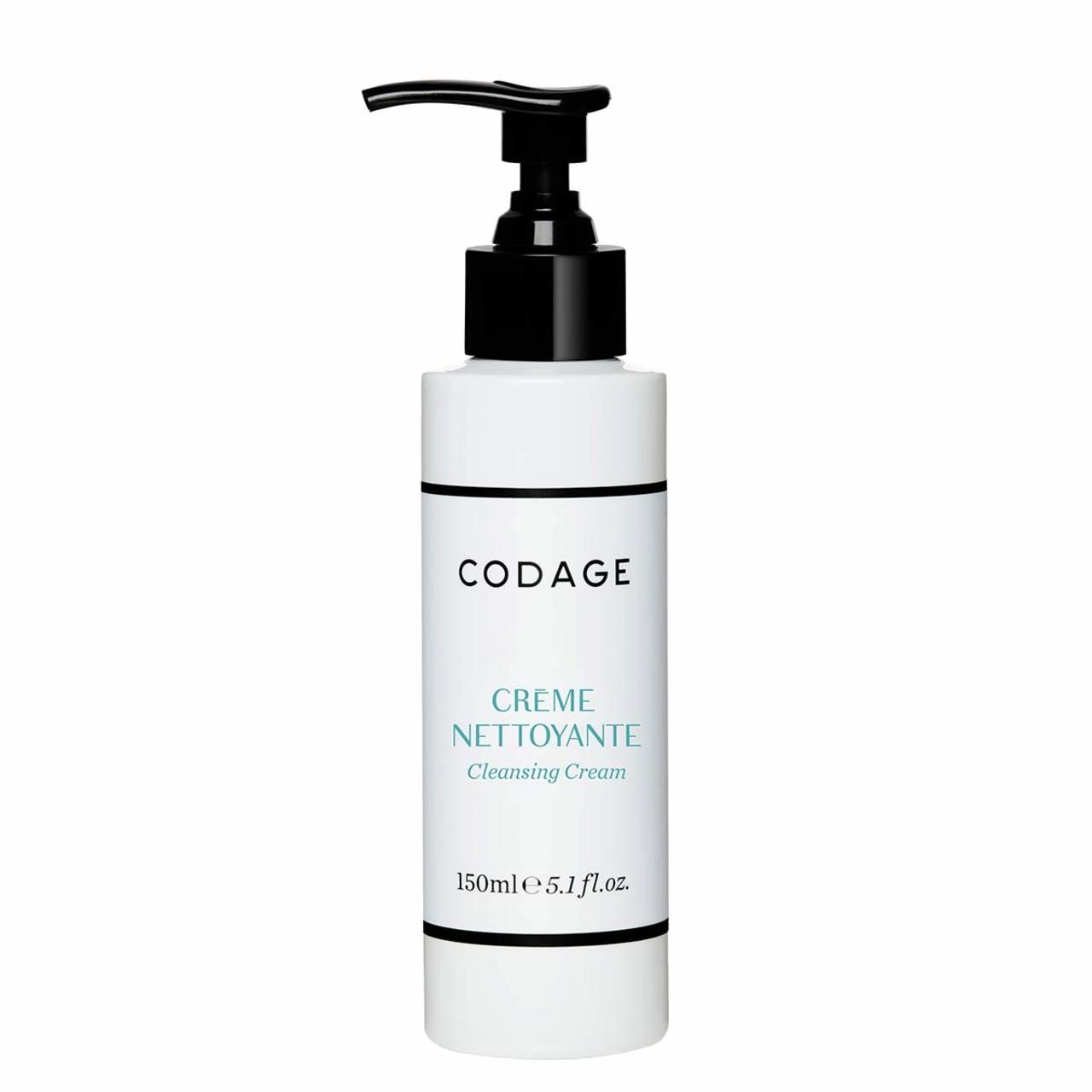 Weiße Flasche mit schwarzem Pumpkopf. Aufschrift: CODAGE, CREME NETTOYANTE, Cleansing Cream. Volumen: 150ml.