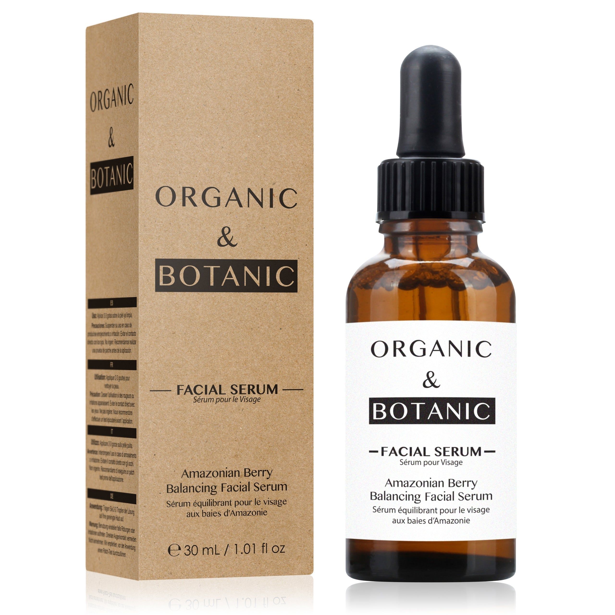 Produktflasche und Verpackung. Braune Flasche mit schwarzer Pipette. Karton mit Produktnamen. Aufschrift: Organic & Botanic Facial Serum.