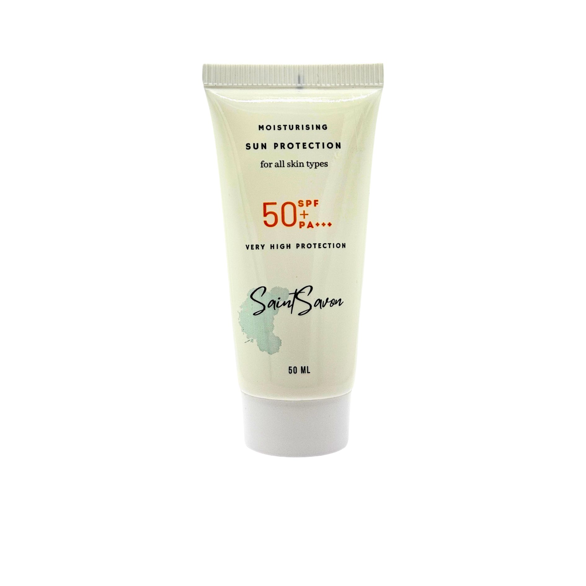 Creme-Tube mit Aufschrift 'MOISTURISING SUN PROTECTION SPF 50'. Marke: Saint Savon. Fassungsvermögen: 50 ml.