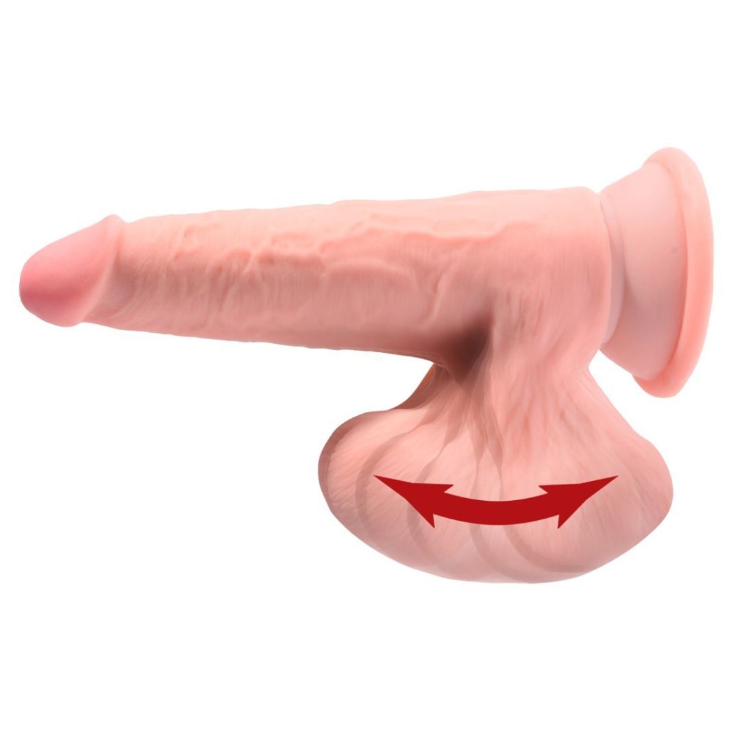 Beigefarbener Dildo mit Basis und detaillierter Oberfläche. Pfeil zeigt die Beweglichkeit des Produkts an.