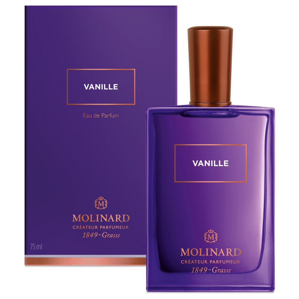 Violette Flasche und Schachtel. Aufschrift "Vanille Eau de Parfum". Brauner Verschluss. Logo Molinard. Text: 1849-Grasse.