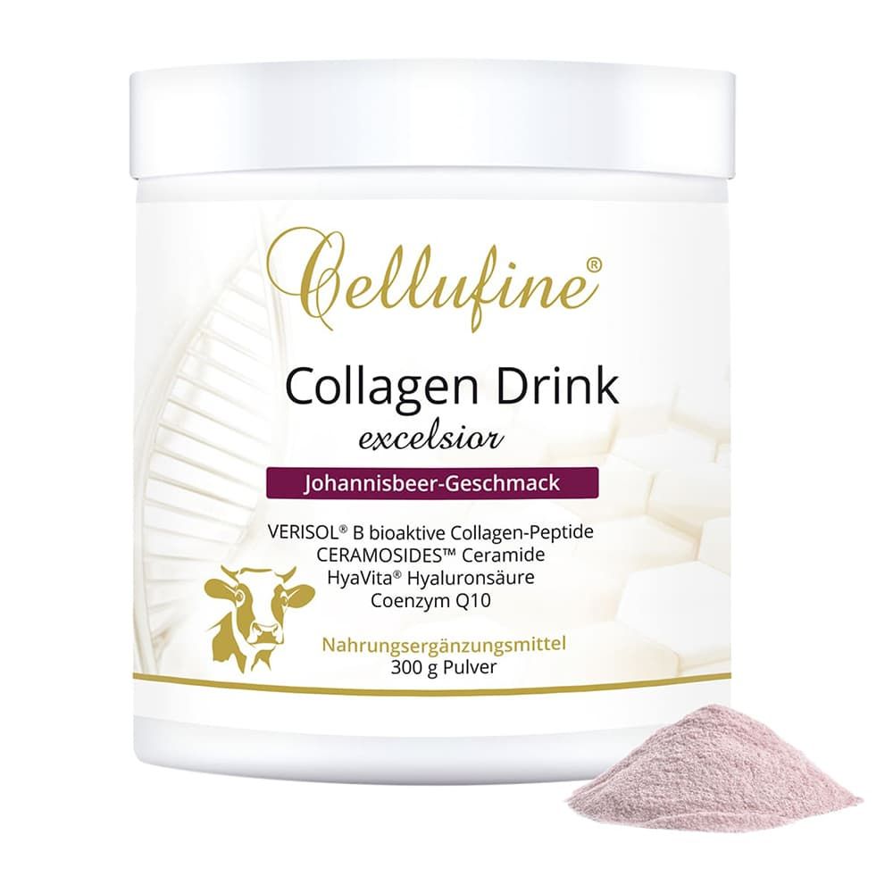 Weißes Cellufine® VERISOL® B Pulver-Dose mit rosa Pulver daneben. Aufschrift: Collagen Drink excelsior, Johannisbeer-Geschmack, 300 g Pulver.