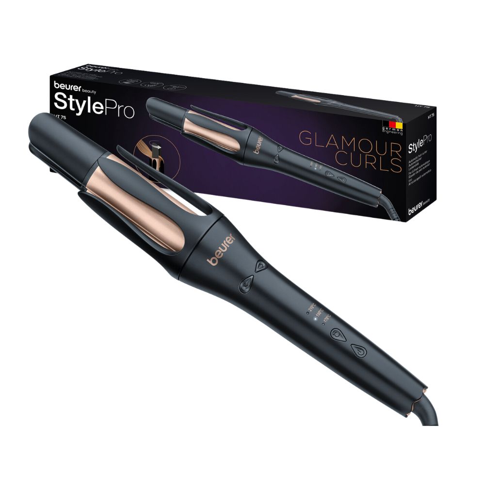 Automatischer Lockenstab. Schwarz und goldfarben. Mit Verpackung. Marke Beurer, Modell StylePro. Glamour Curls.