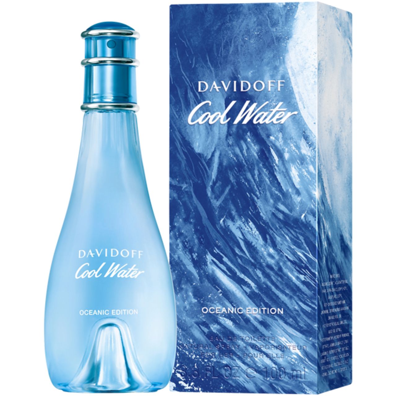Hellblaues Parfumflakon und Verpackung. Aufschrift: Davidoff Cool Water Oceanic Edition. Flakon mit blauem Verschluss.