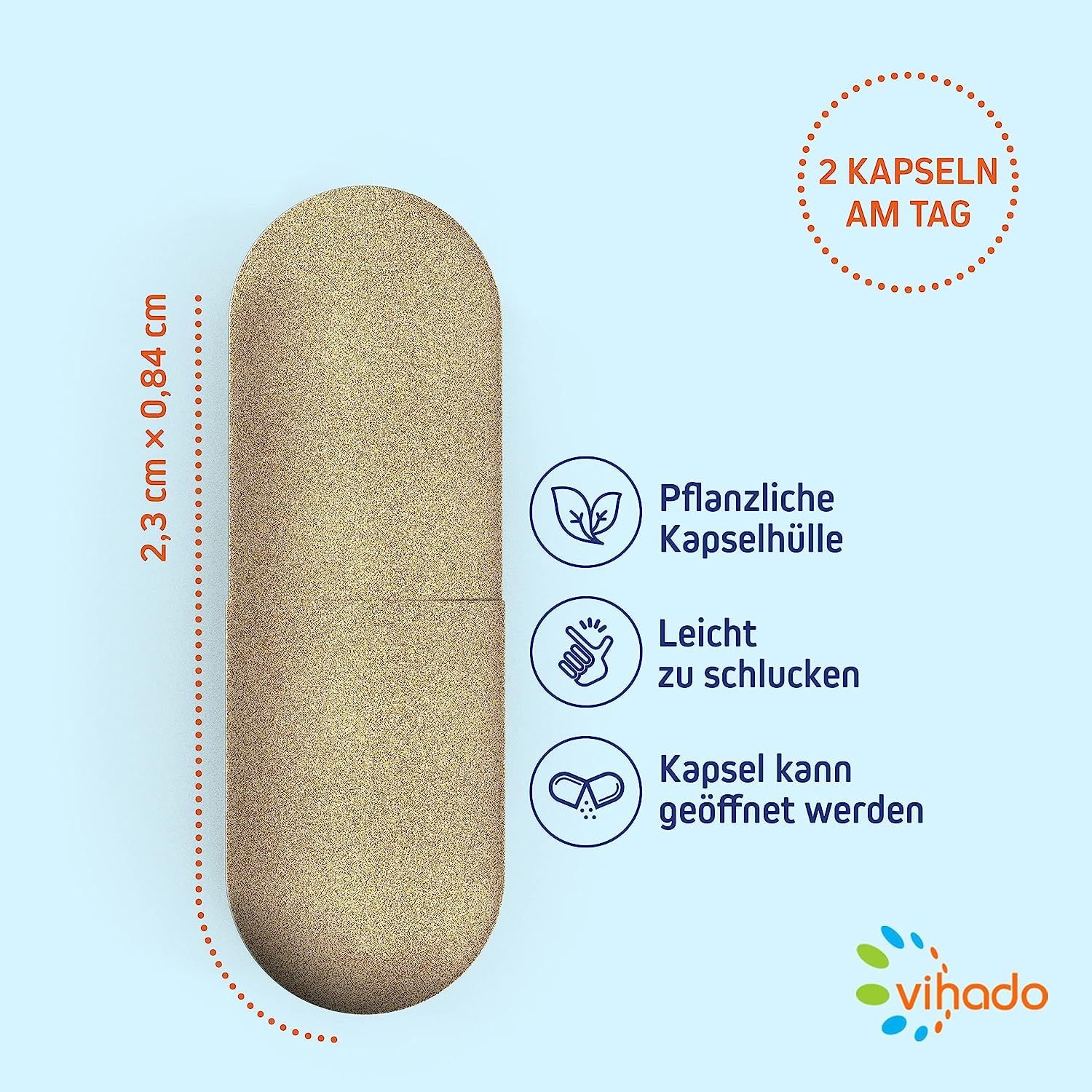 Braune Kapsel mit den Maßen 2,3 cm x 0,84 cm. Aufschrift: Pflanzliche Kapselhülle, leicht zu schlucken, Kapsel kann geöffnet werden.