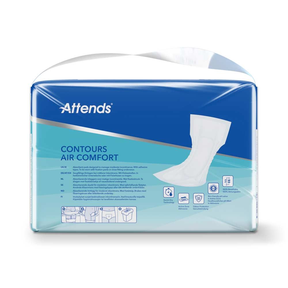 Rückseite der Verpackung Attends Contours Air Comfort. Aufdrucke: Marke, Produktname, Piktogramme, Informationen zur Saugstärke und Atmungsaktivität.
