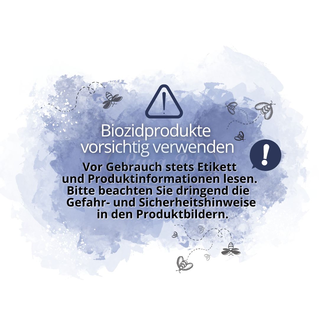 Text: Biozidprodukte vorsichtig verwenden. Vor Gebrauch Etikett und Produktinformationen lesen.