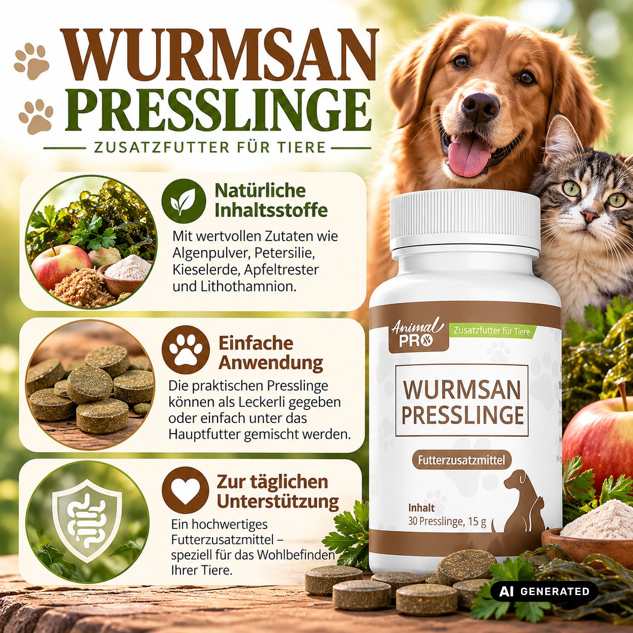 Flasche mit 'WURMSAN PRESSLINGE' und 30 Presslingen, 15g. Enthält natürliche Inhaltsstoffe und ist zur täglichen Unterstützung.