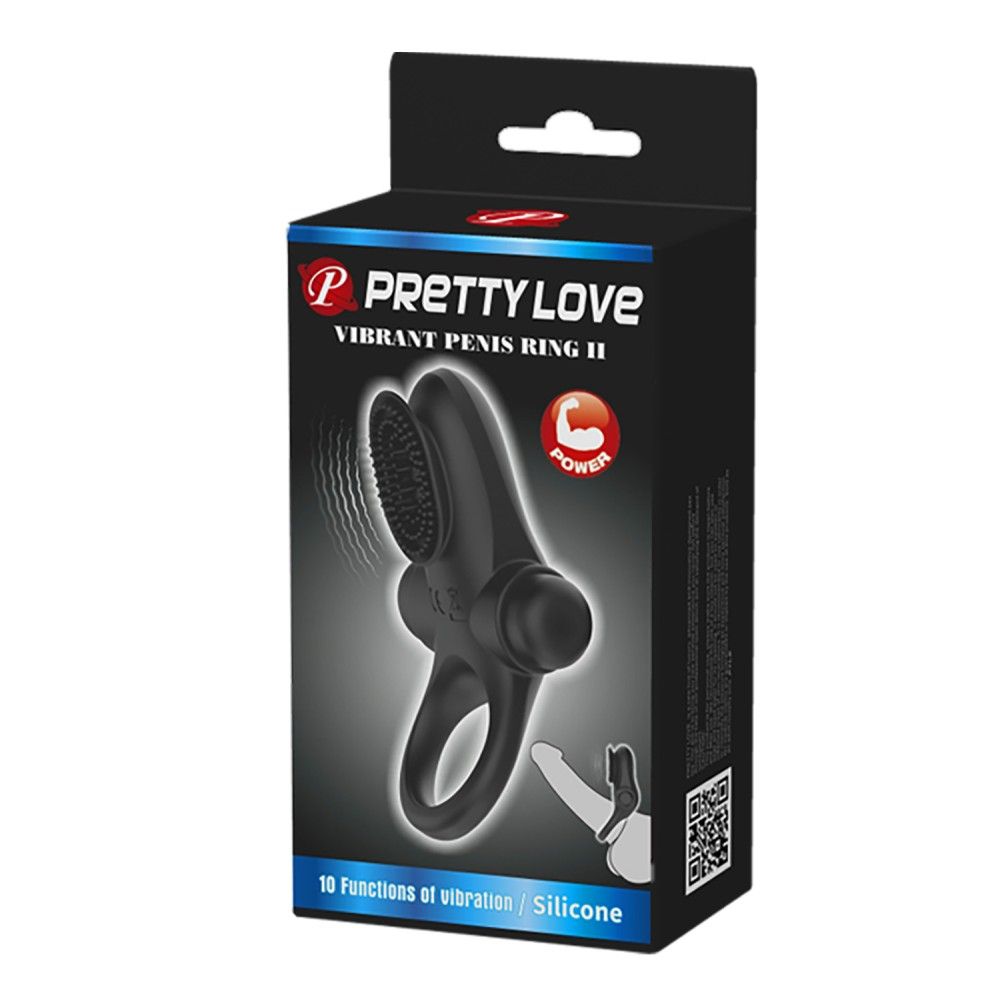Verpackung von Pretty Love Vibrant Penis Ring II. Schwarzer Ring, Produktabbildung, Text.