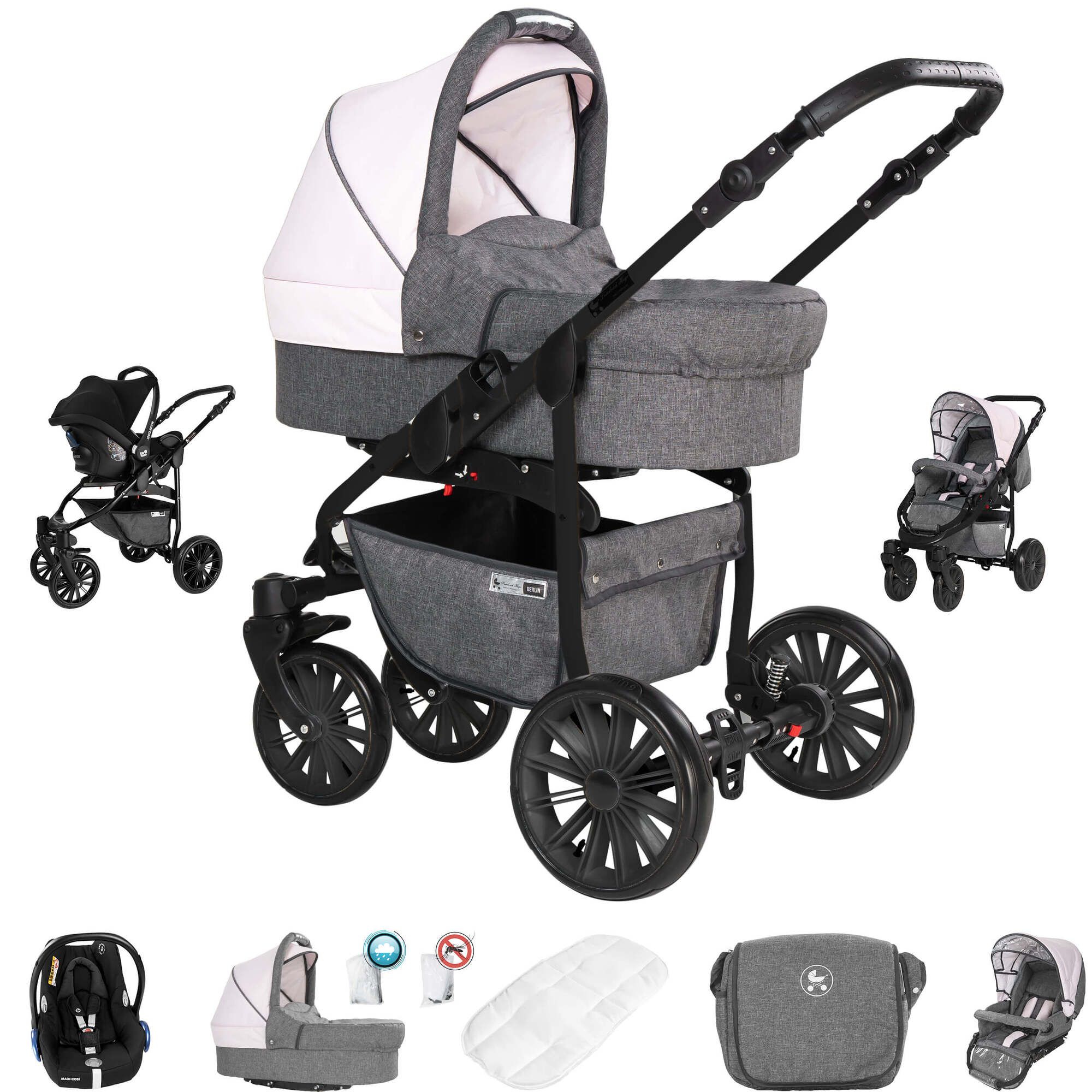 Friedrich Hugo Berlin 3 in 1 Kinderwagen mit Original Maxi Cosi, Luft Grey and Light Rose Night