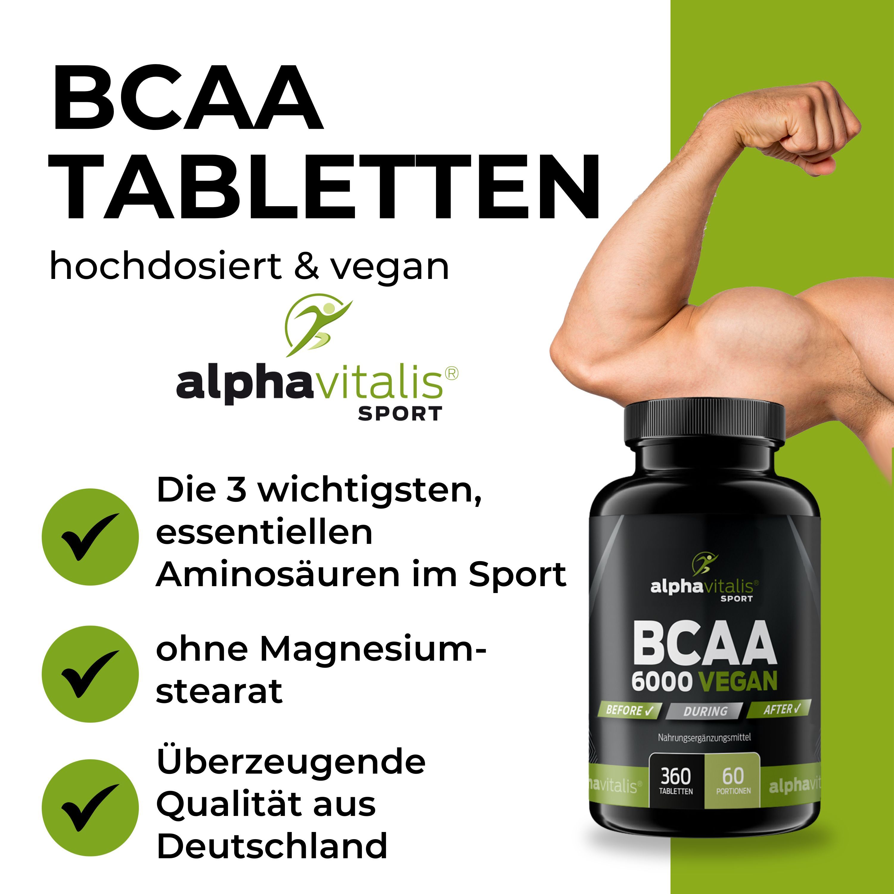 Schwarze Flasche mit BCAA Tabletten. Text: BCAA Tabletten, hochdosiert & vegan. Logo: alpha vitalis sport. Grün: 3 wichtige Aminosäuren, ohne Magnesiumstearat, Qualität aus Deutschland.